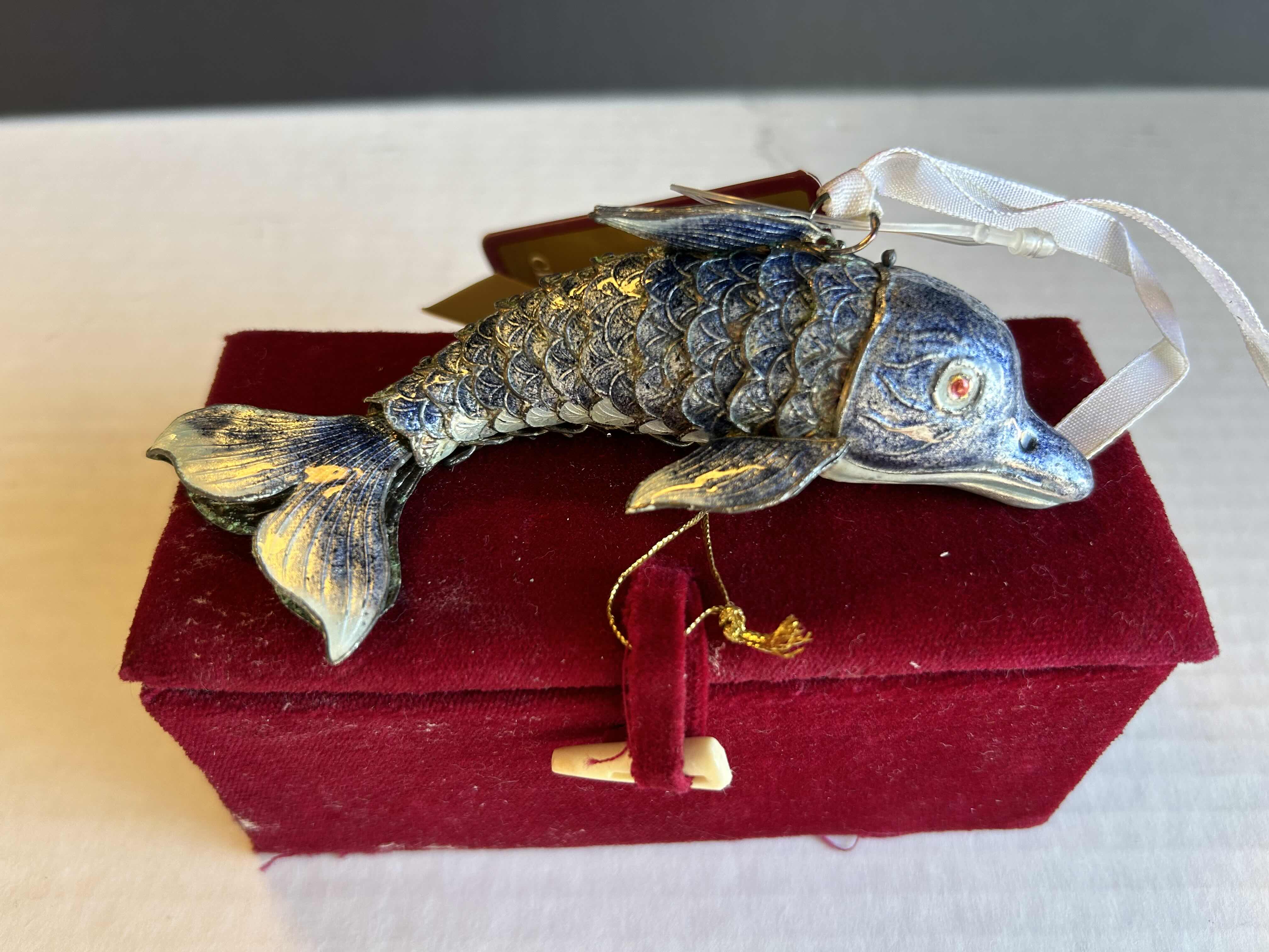 Photo 1 of CLOISONNÉ FILIGREE ORANGE & BLUE DOLPHIN ORNAMENT