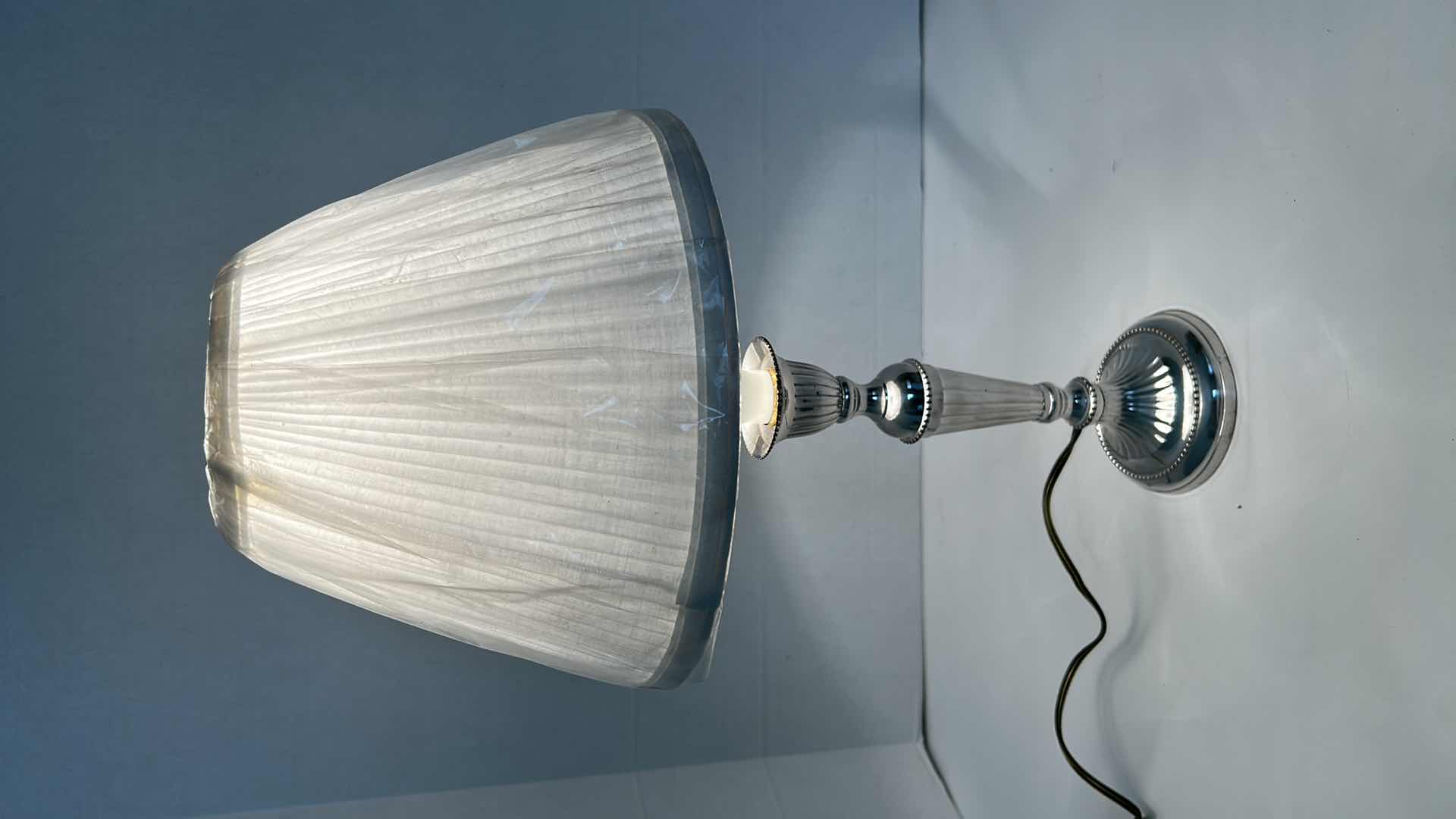 Photo 2 of ART DECO SILVER TABLE LAMP W PLEATED WHITE SHADE H19"