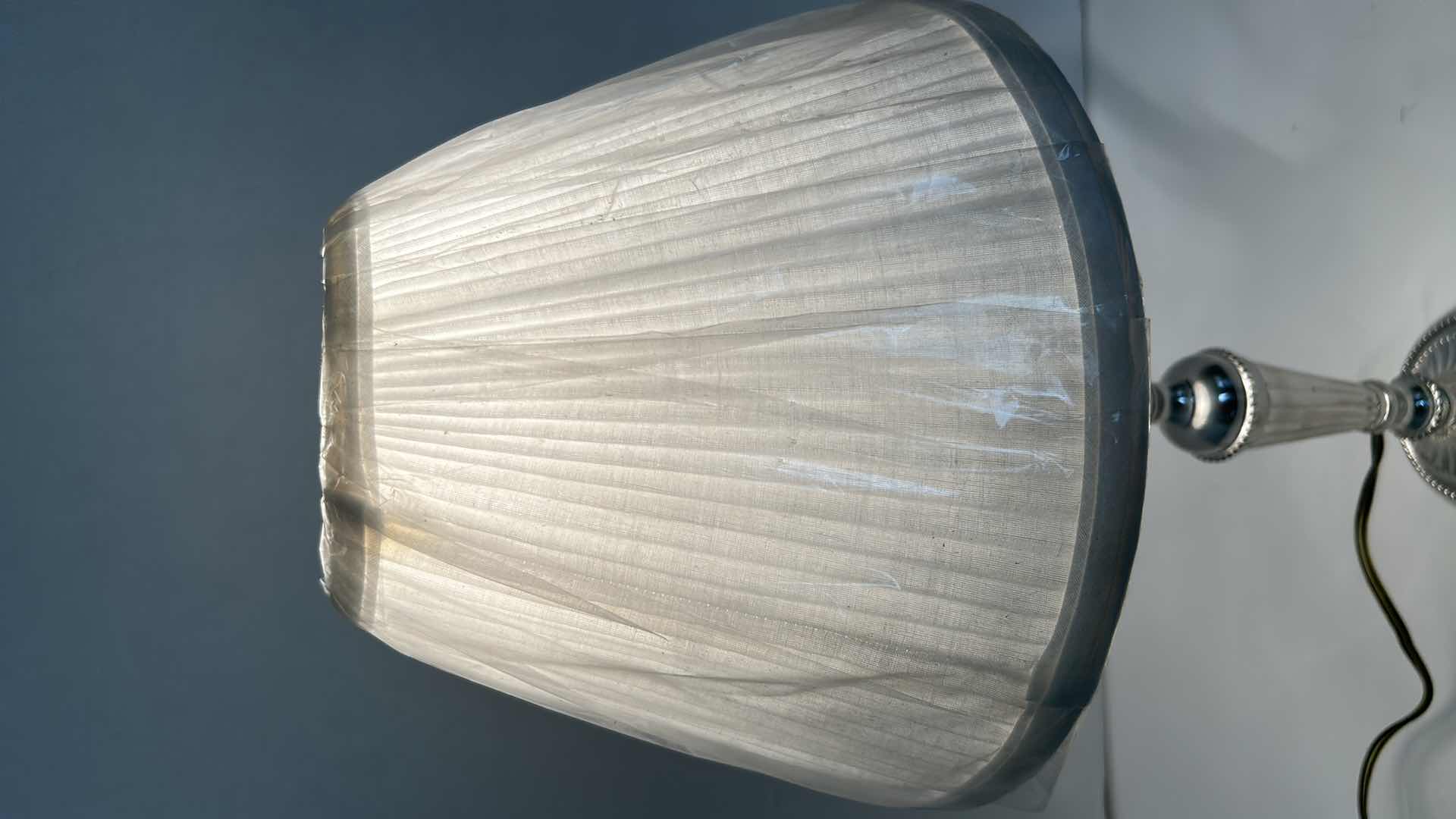 Photo 3 of ART DECO SILVER TABLE LAMP W PLEATED WHITE SHADE H19"