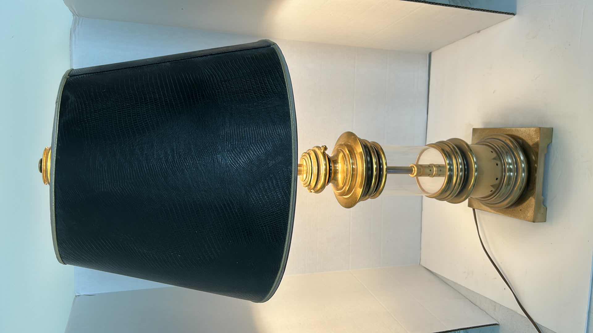 Photo 1 of VINTAGE CIRCA 1960'S BRASS & GLASS TABLE LAMP W BLACK SHADE H34"