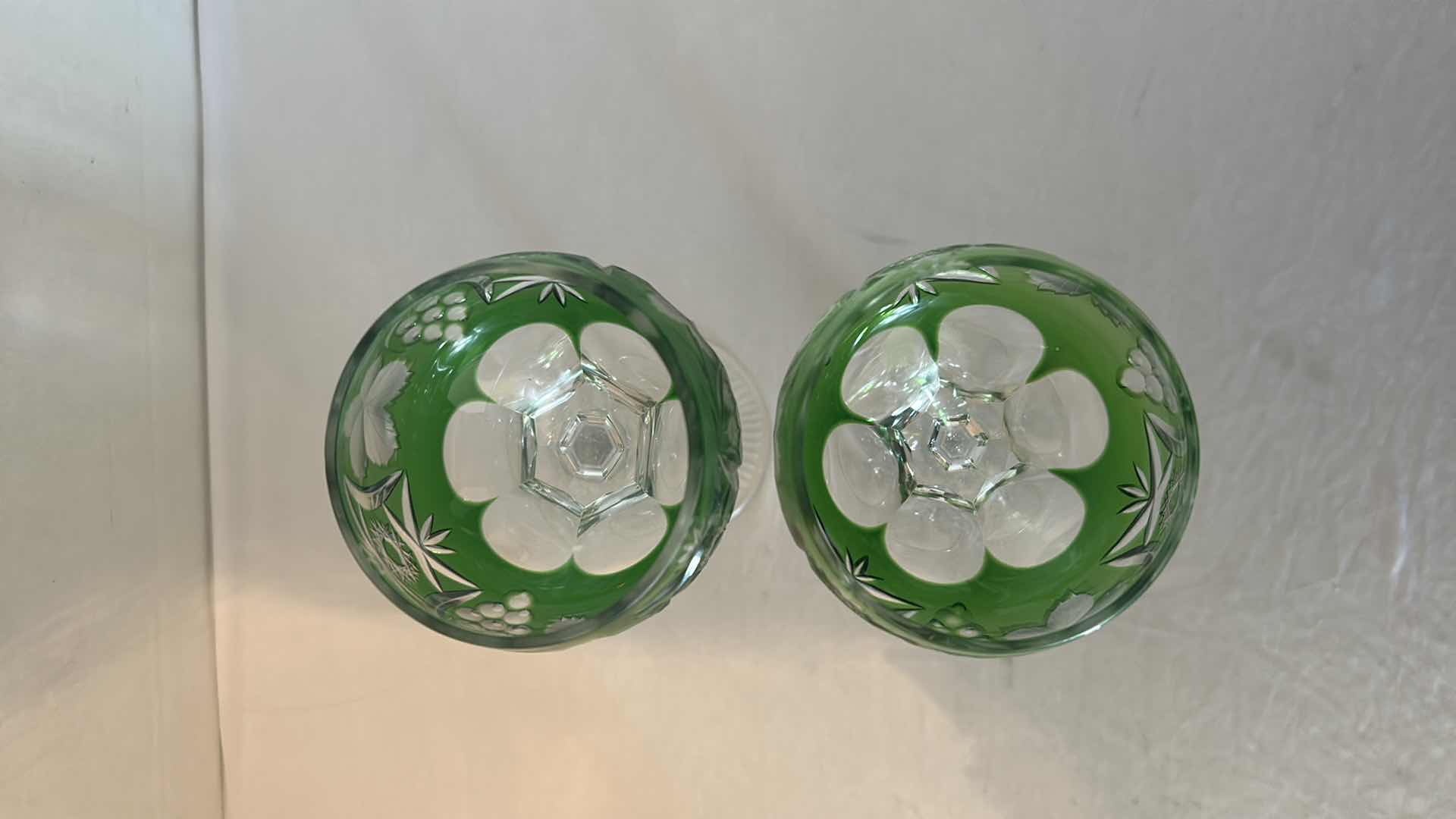 Photo 1 of 2- AJKA MARSALA GRAPES CUT TO CLEAR EMERALD WINE GLASSES