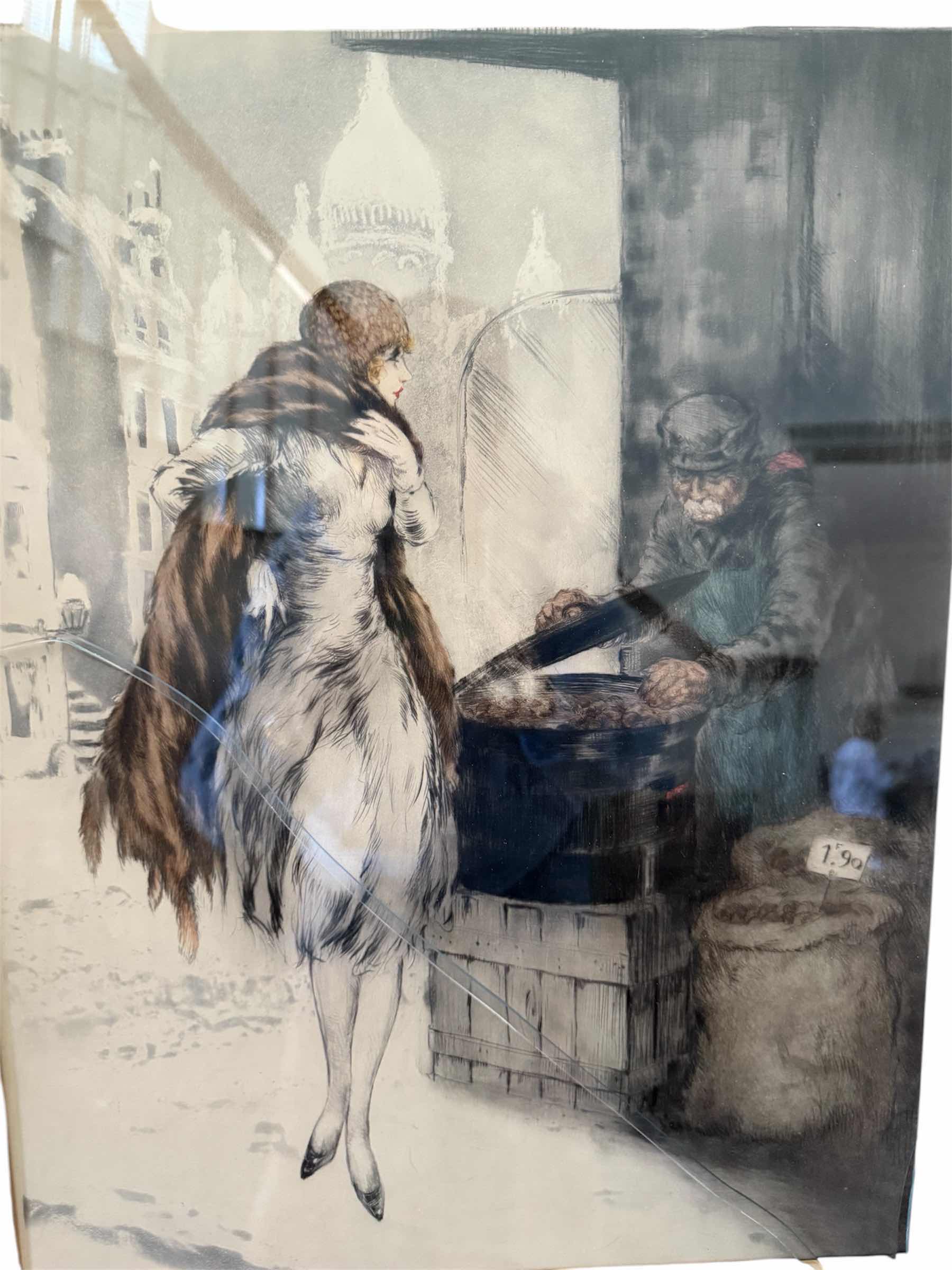 Photo 1 of FRAMED "THE CHESTNUT VENDOR" SIGNED LOUIS ICART ETCHING ARTWORK 22” x 27”