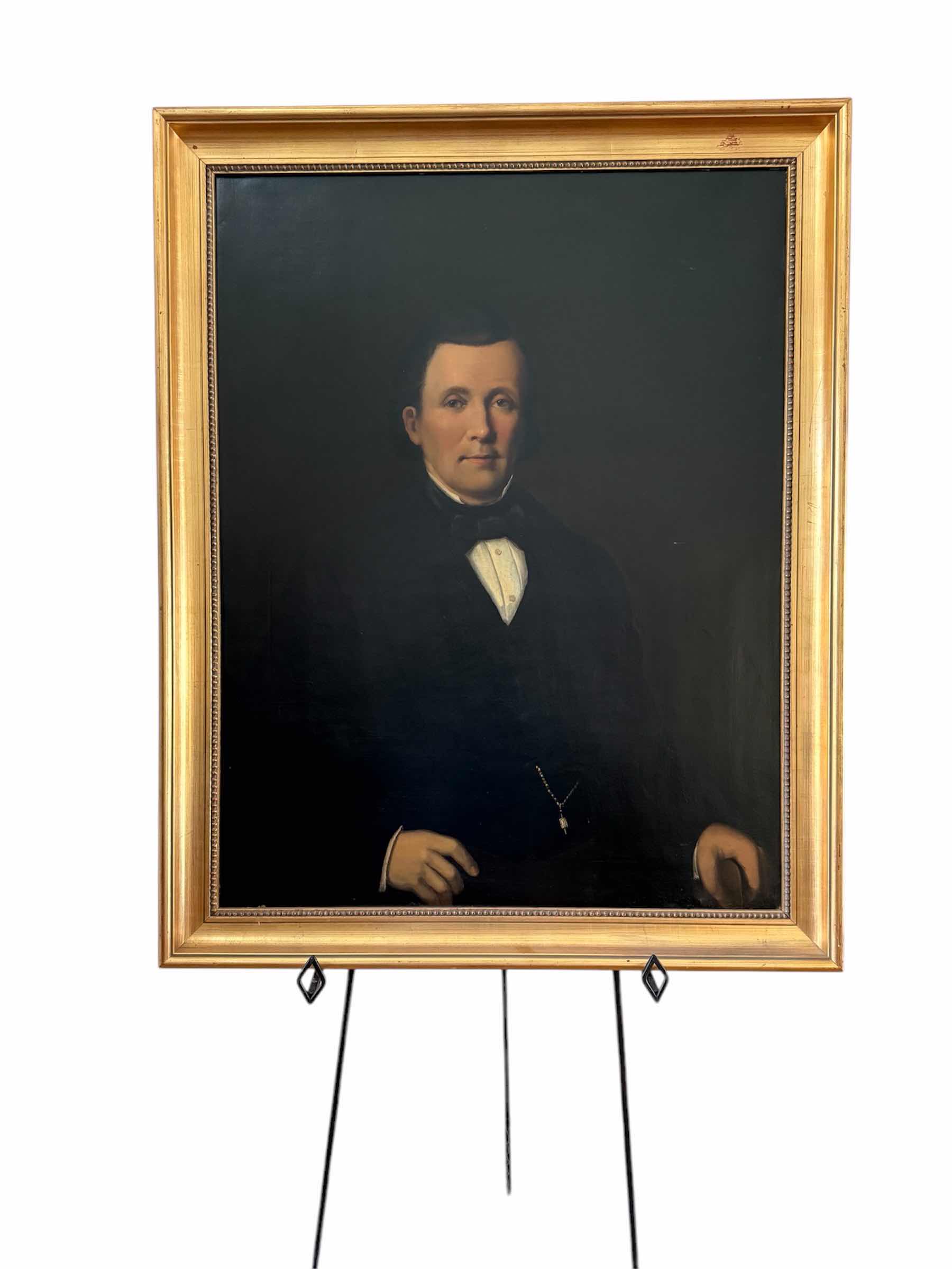 Photo 1 of ANTIQUE WOOD FRAMED PORTRAIT OF GENTLEMAN, SIGNED CANVAS PAINTING ARTWORK 33” x 41” 