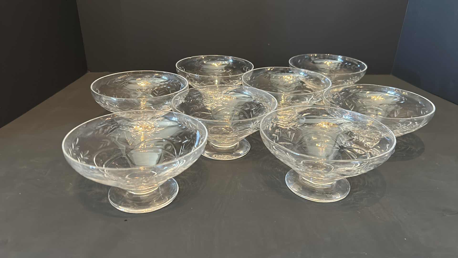 Photo 1 of 8-VINTAGE CRYSTAL ETCHED DESSERT BOWLS