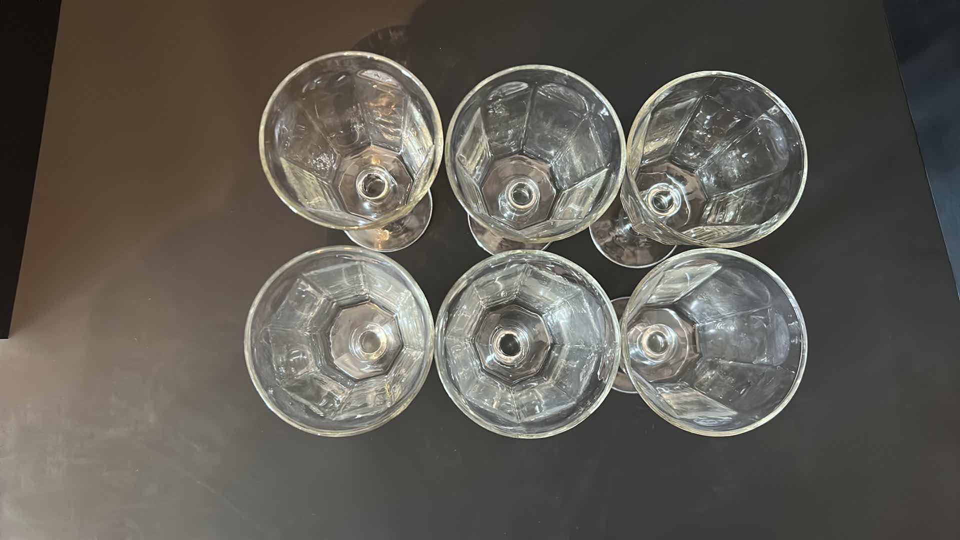 Photo 1 of 6- VINTAGE CLEAR GLASS WAFER STEM WATER GOBLETS