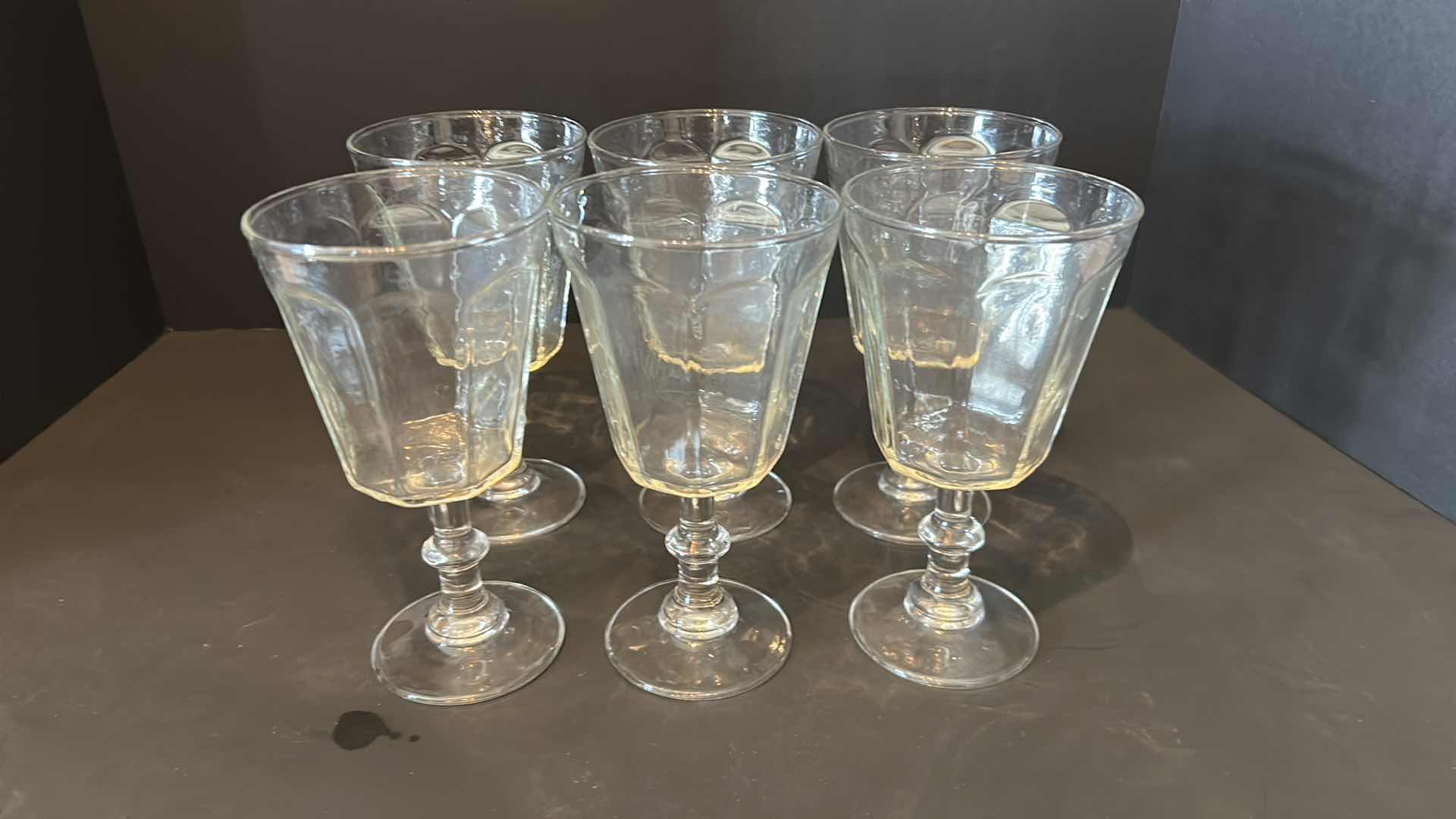 Photo 1 of 6- VINTAGE CLEAR GLASS WAFER STEM WATER GOBLETS