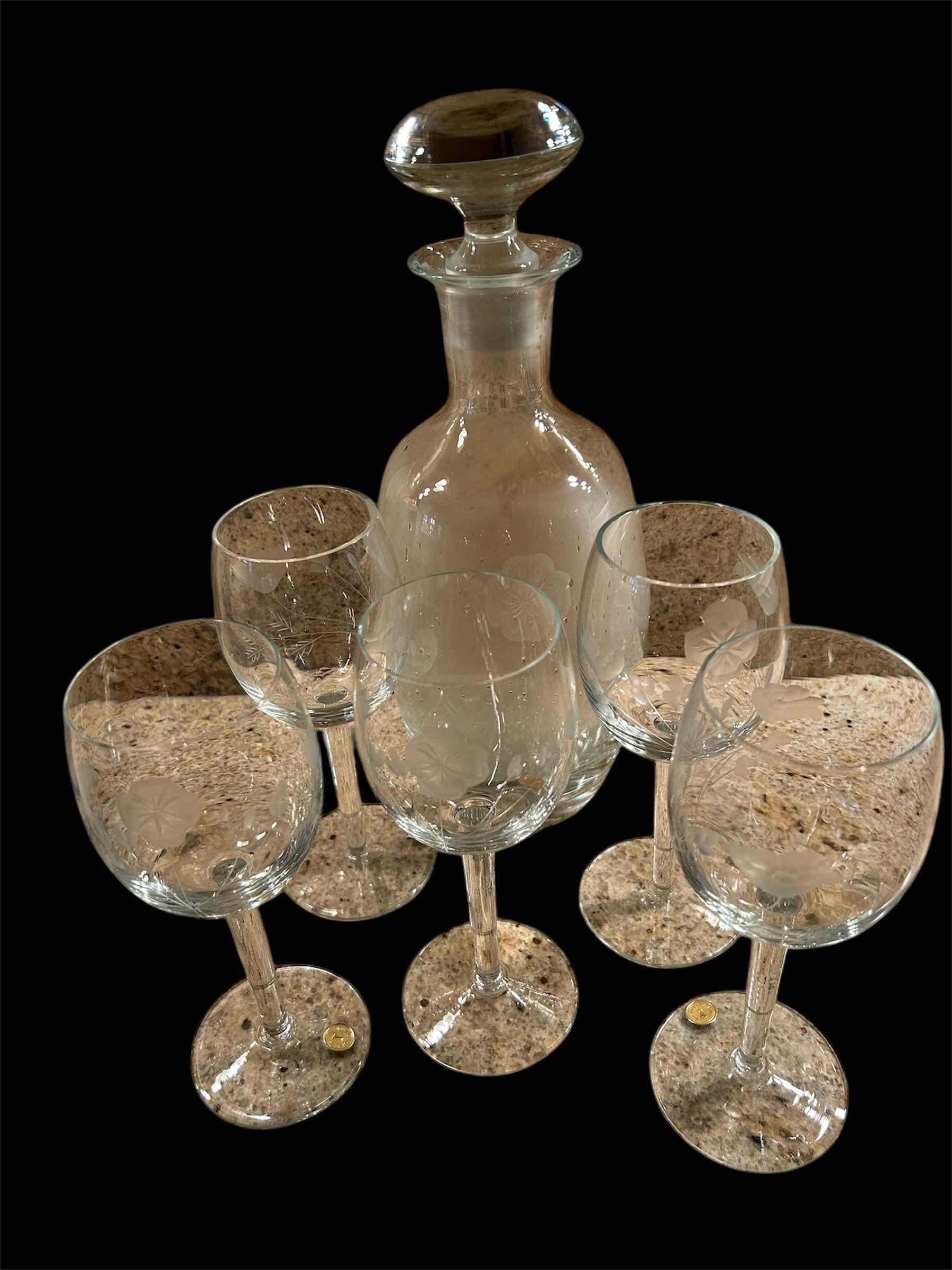 Photo 1 of 5-VINTAGE CRYSTAL ETCHED FLORAL WINE GLASSES AND DECANTER