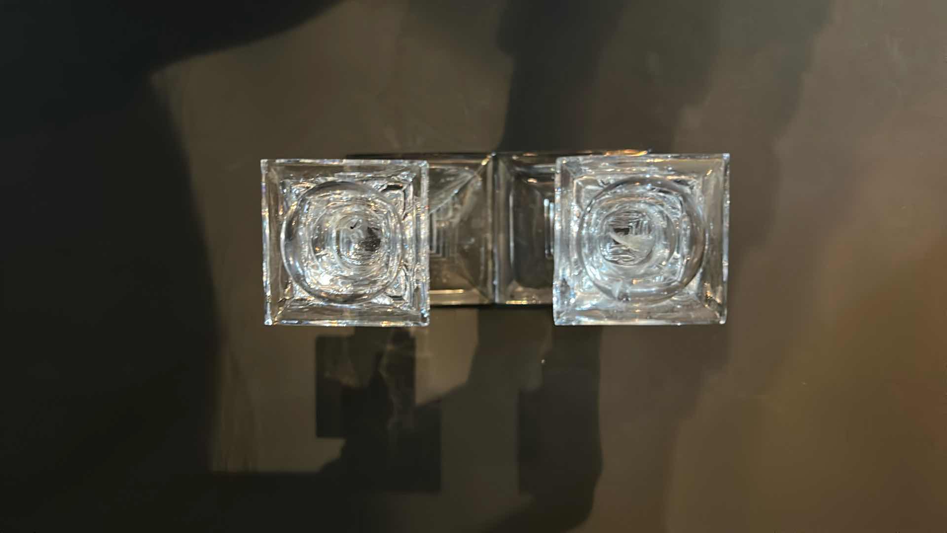 Photo 1 of 2- CLEAR CRYSTAL SQUARE BOTTOM TAPER CANDLESTICKS H 8”