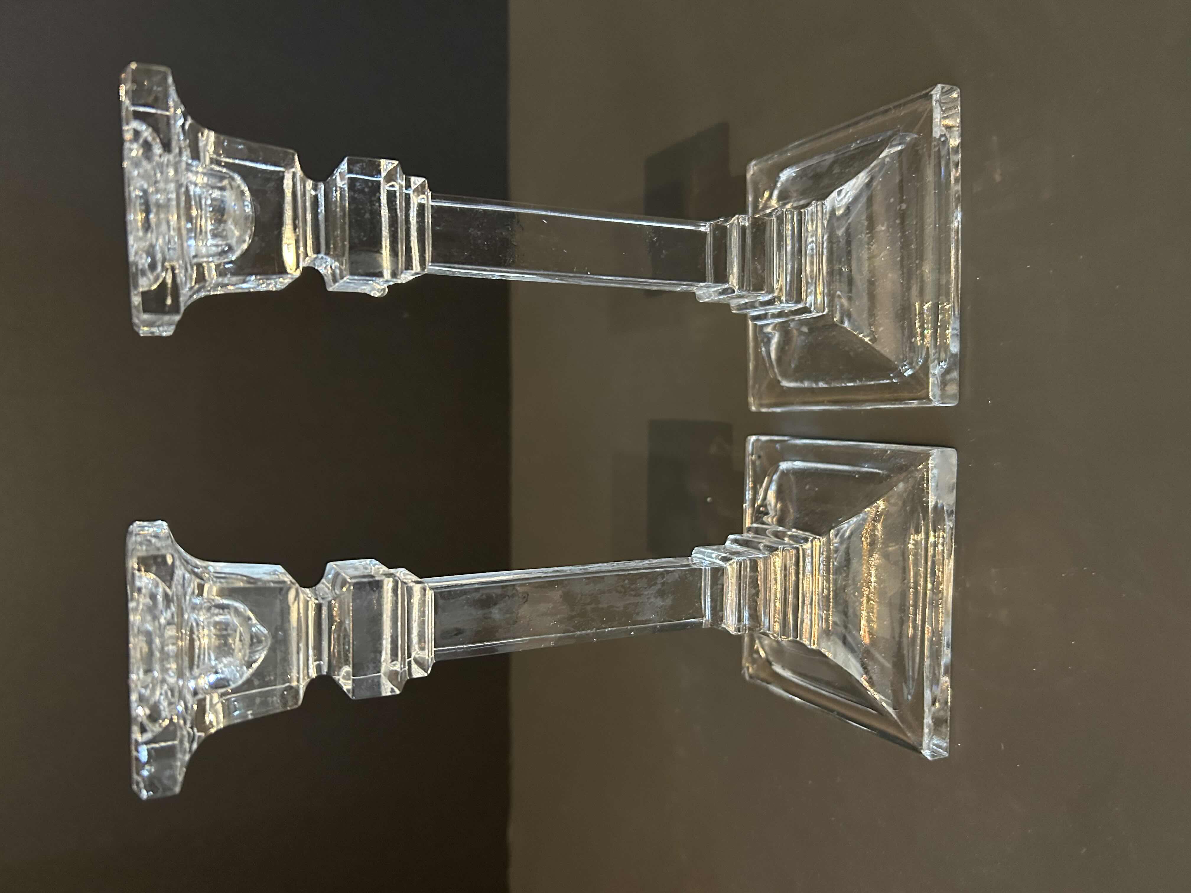 Photo 1 of 2- CLEAR CRYSTAL SQUARE BOTTOM TAPER CANDLESTICKS H 8”