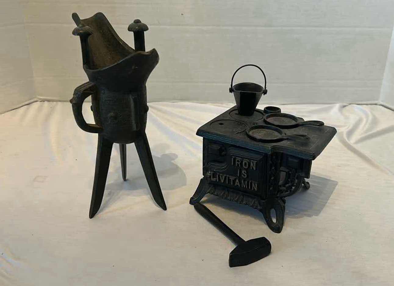 Photo 4 of CHINESE ARCHAIC BRONZE RITUAL WINE VESSEL, CAST IRON MINIATURE STOVE