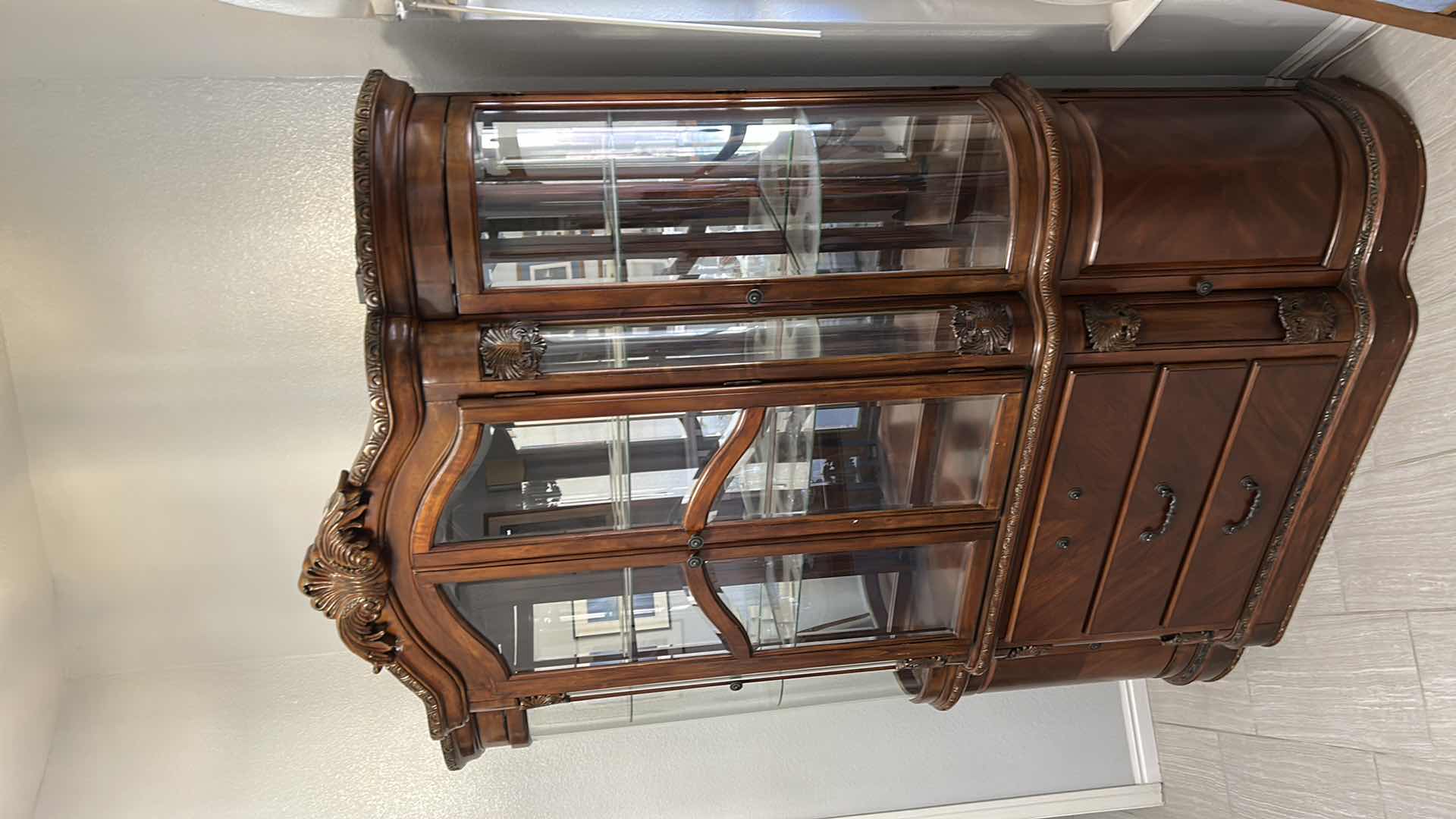 Photo 1 of CURVED GLASS 3 DRAWER MAHOGANY CHINA CABINET 88 X 84