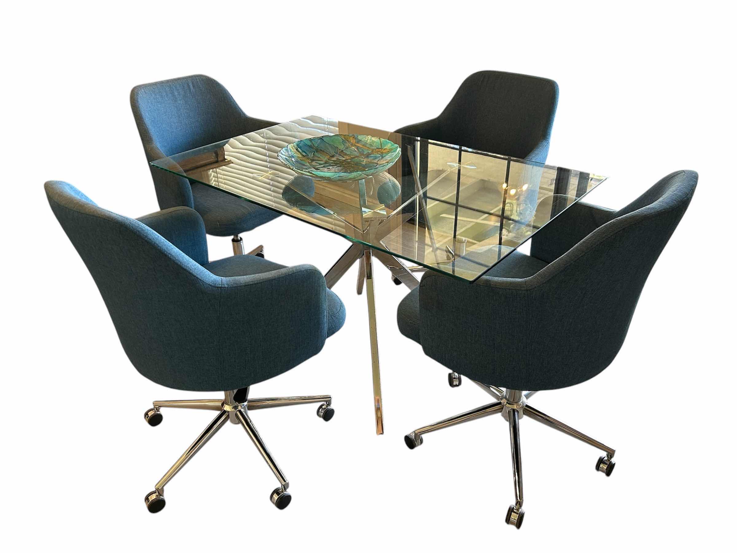 Photo 1 of GLASS TOP DINING TABLE W SILVER CHROME LEGGS  4- SWIVEL BLUE FABRIC CHAIRS CHROME LEGGS ON WHEELS
