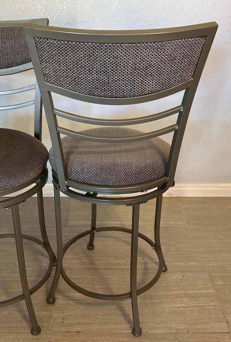 Photo 3 of 2- AMHERST GREY METAL SWIVEL BAR STOOLS GREY FABRIC SEAT H 37”