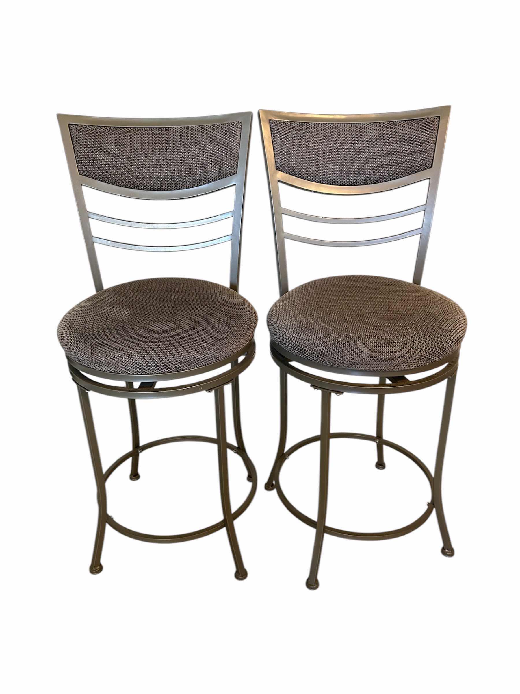 Photo 1 of 2- AMHERST GREY METAL SWIVEL BAR STOOLS GREY FABRIC SEAT H 37”