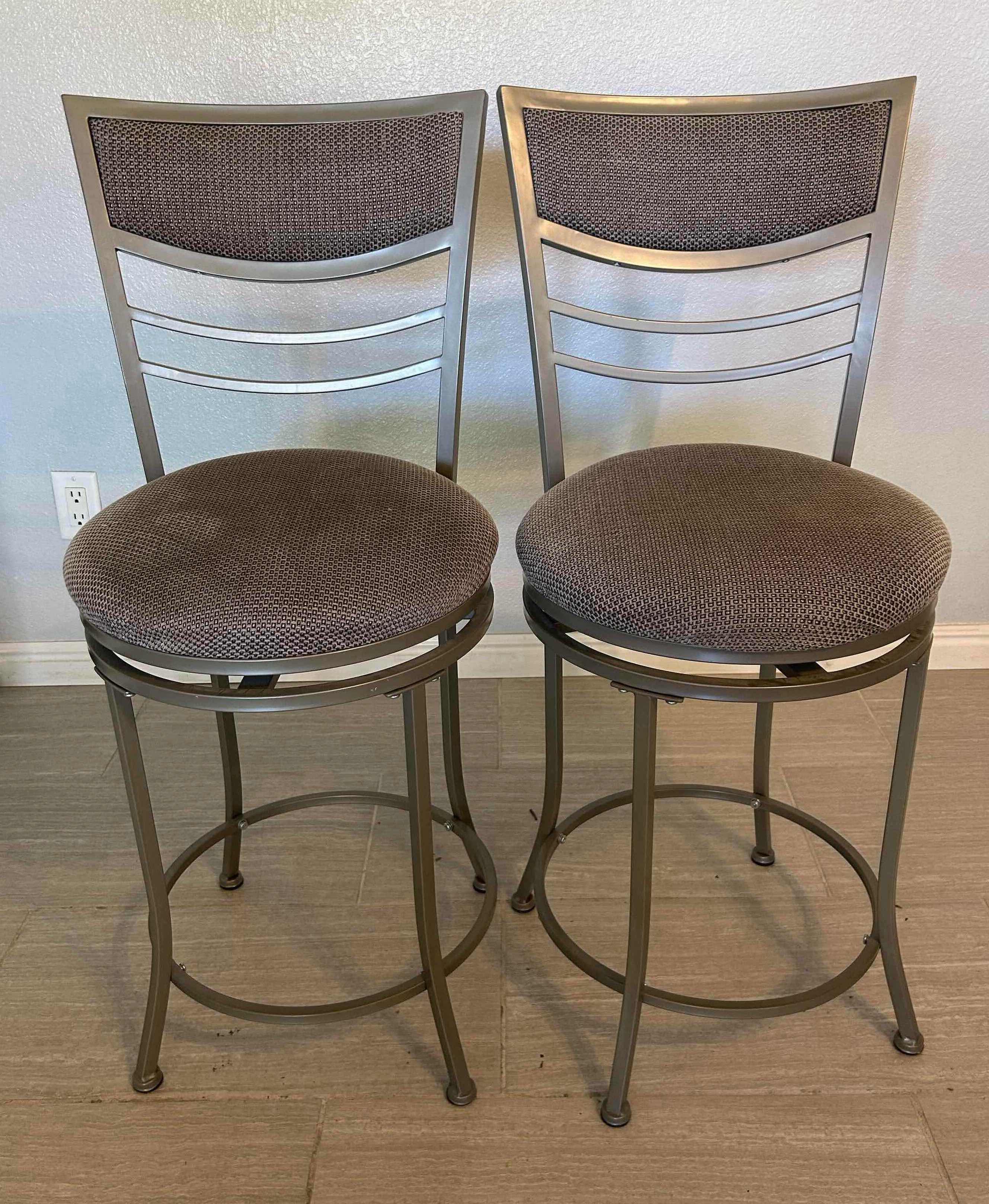 Photo 1 of 2- AMHERST GREY METAL SWIVEL BAR STOOLS GREY FABRIC SEAT H 37”