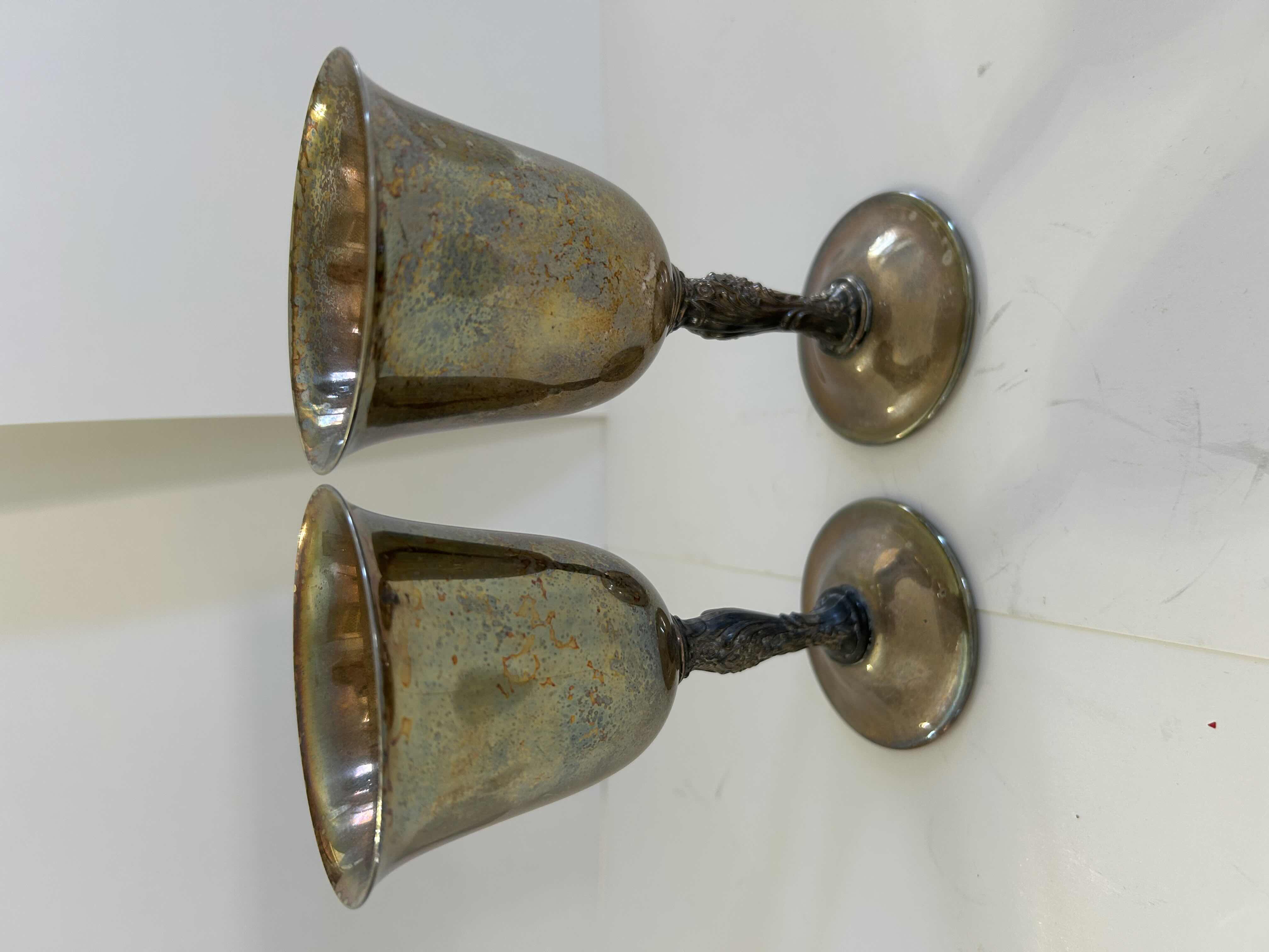 Photo 2 of 2-VINTAGE SILVER PLATED WINE GOBLETS ORNATE FLORAL STEM VICTORIAN STYLE