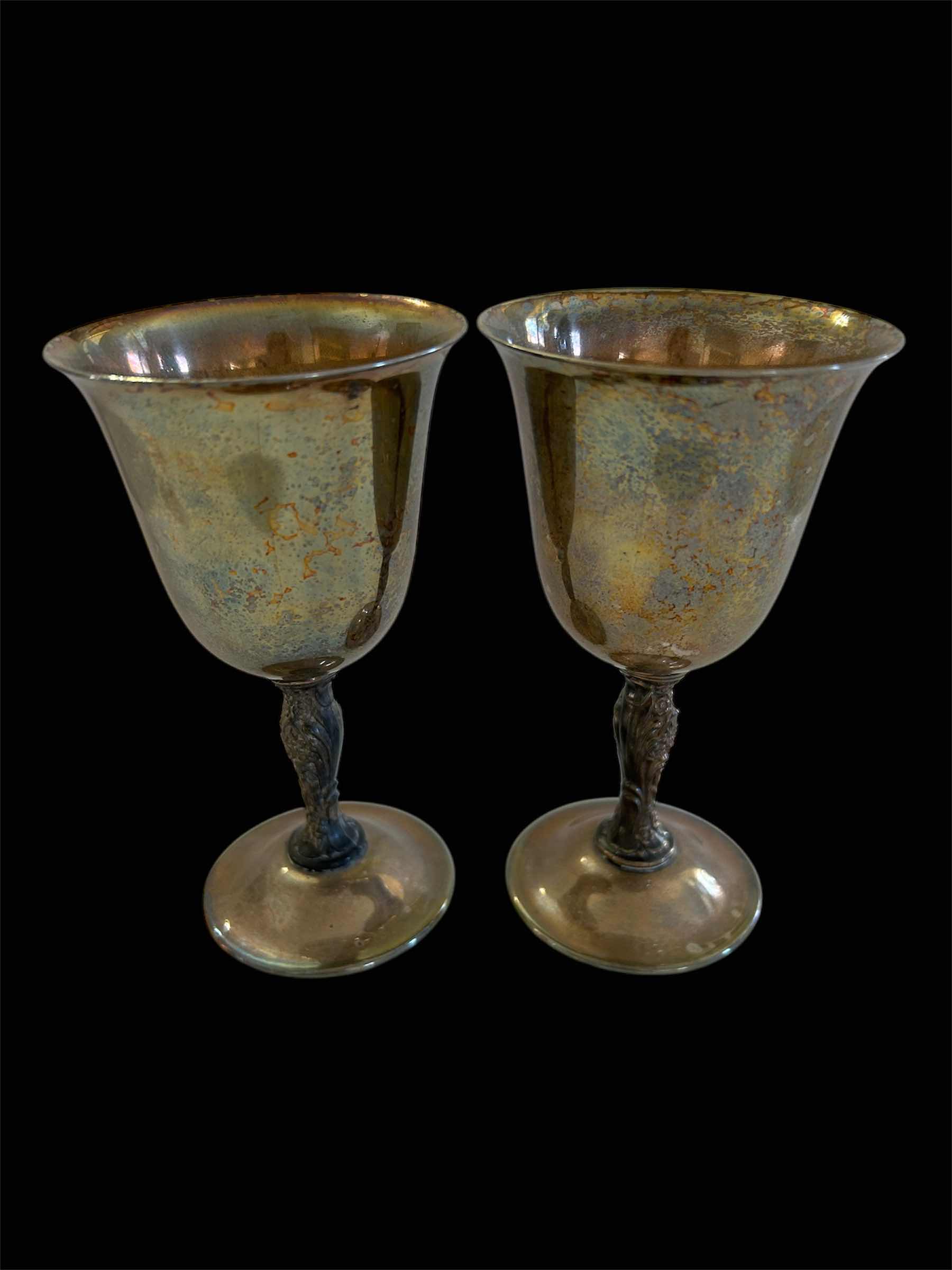 Photo 1 of 2-VINTAGE SILVER PLATED WINE GOBLETS ORNATE FLORAL STEM VICTORIAN STYLE