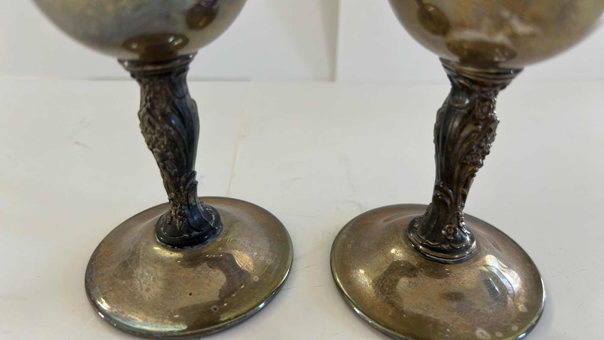 Photo 3 of 2-VINTAGE SILVER PLATED WINE GOBLETS ORNATE FLORAL STEM VICTORIAN STYLE