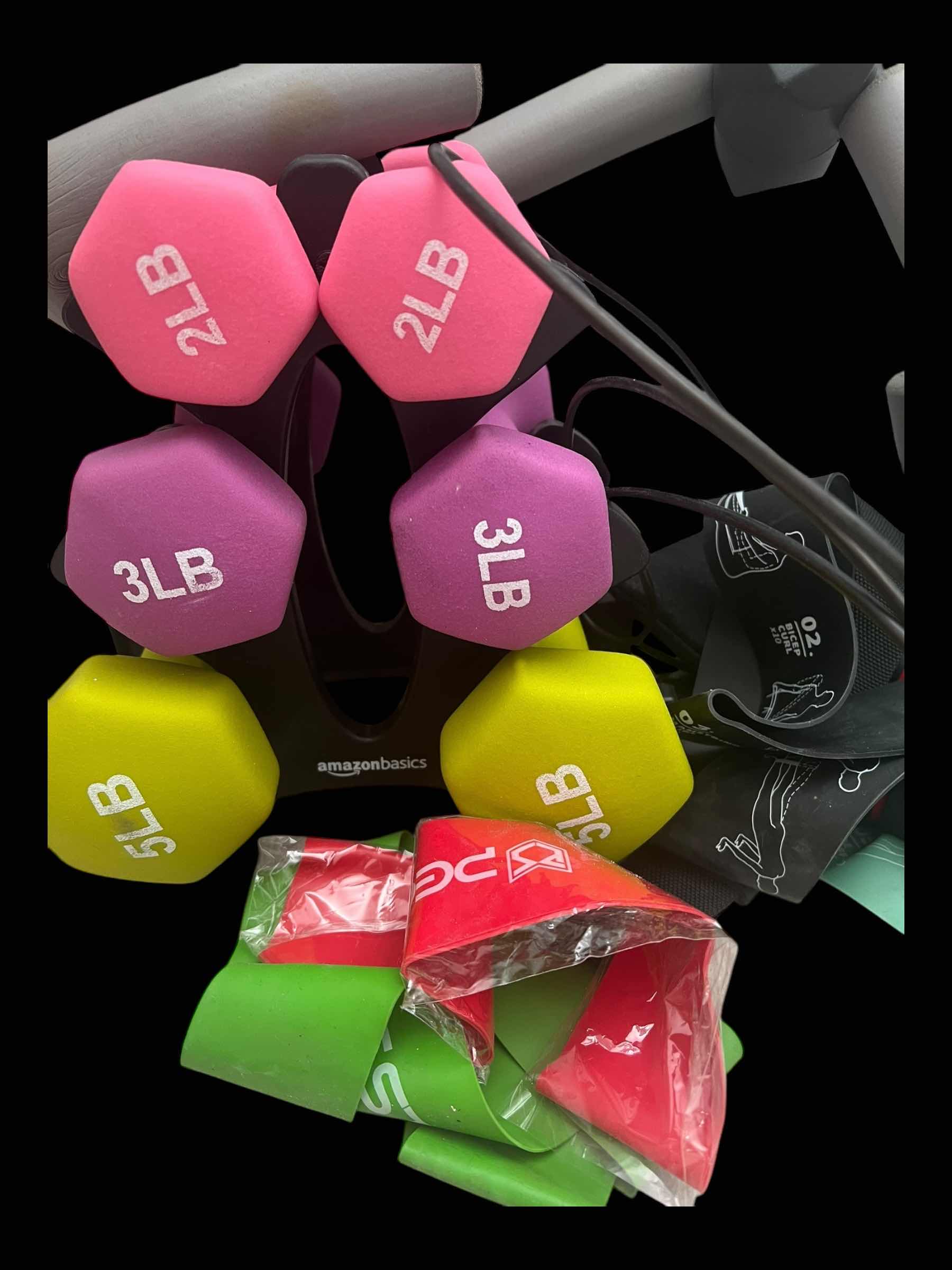 Photo 1 of EXERCISE EQUIPTMENT-COLORFUL SET OF DUMBELLS-RESISTANCE BANDS ETC…THIGH PRESS.