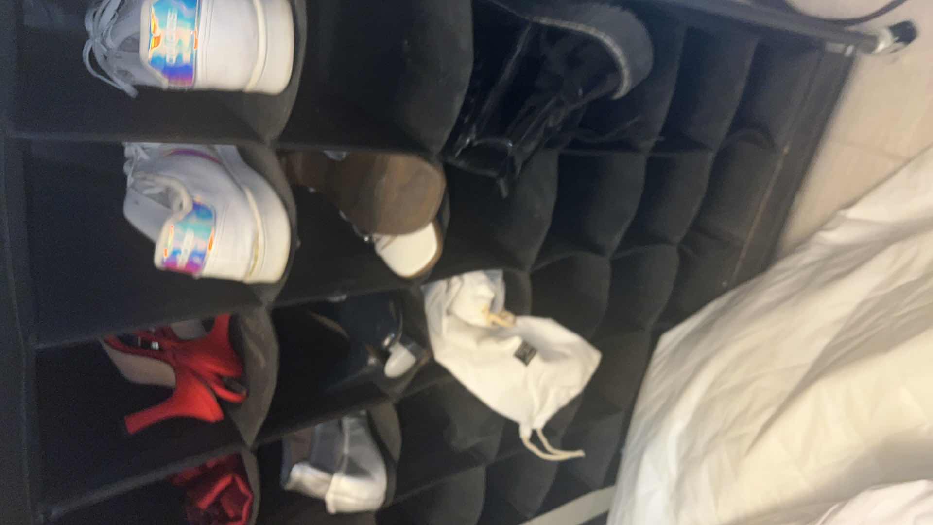 Photo 1 of BLACK CANVAS SHOE RACK-INCLUDES VARIOUS WOMENS SHOES, 7.5-8.5 SIZES