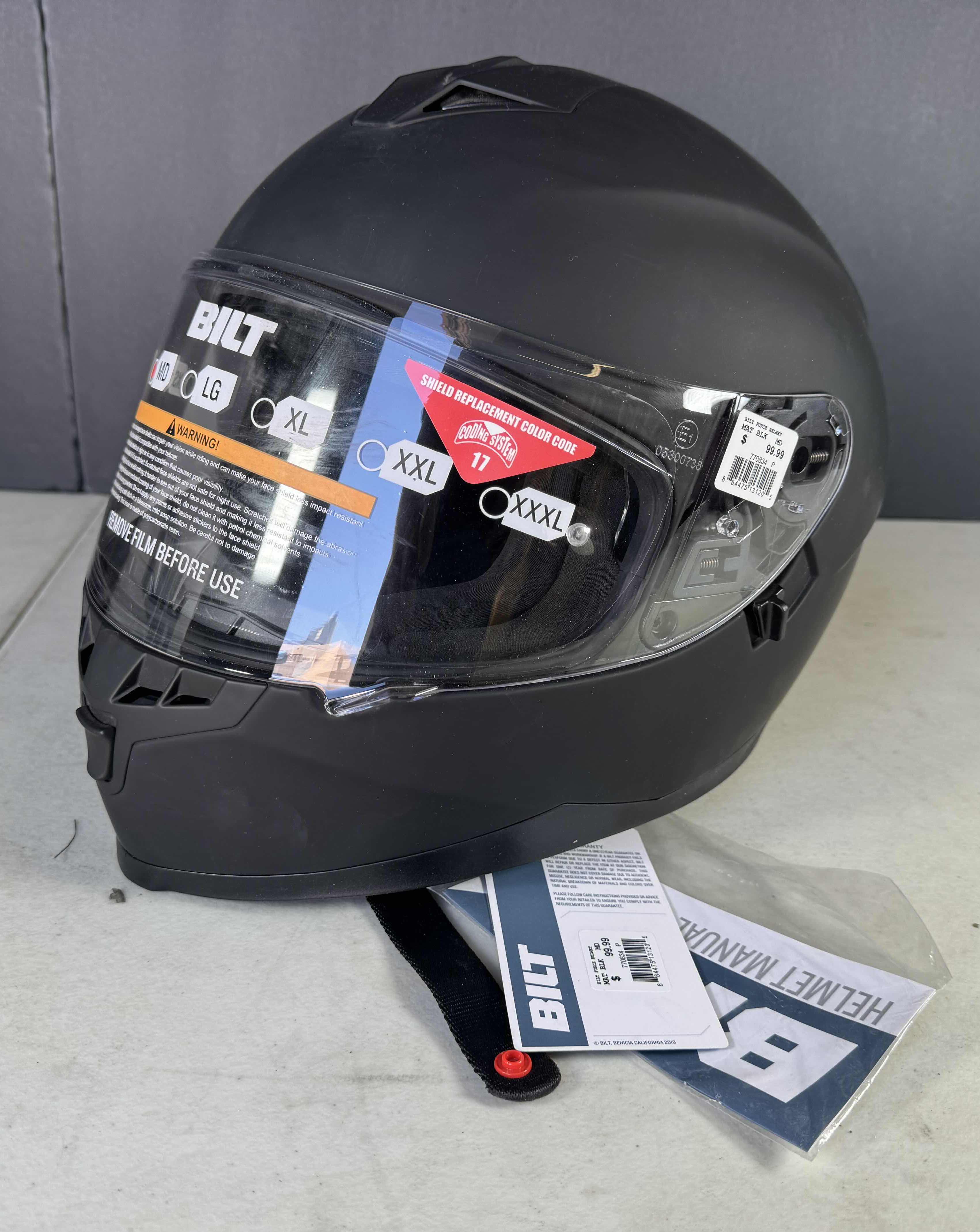 Photo 1 of BILT MATTE BLACK MOTORCYCLE HELMET WITH COVER SIZE MEDIUM
