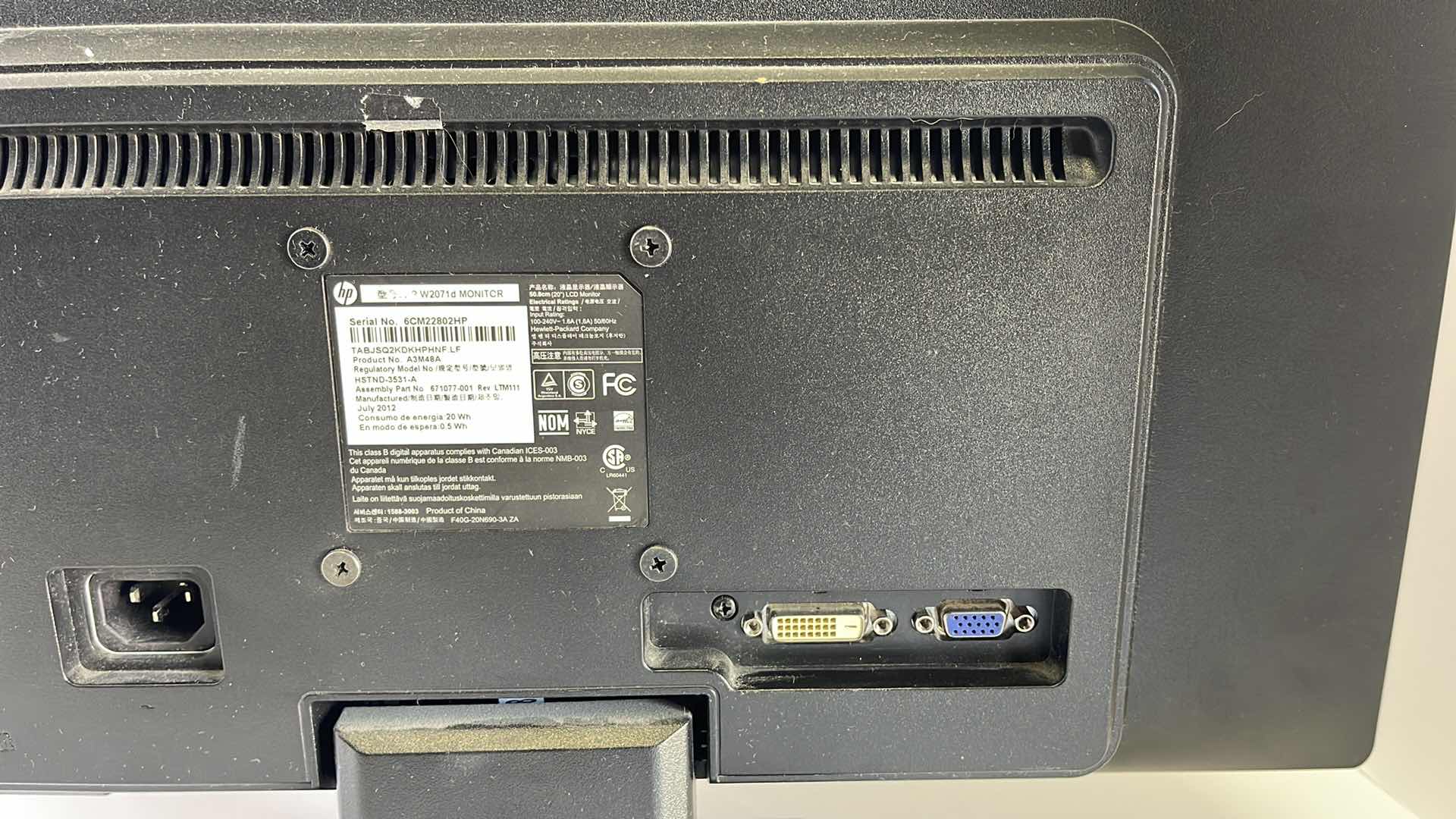 Photo 1 of HP MONITOR MODEL W2071d (MISSING CORDS)