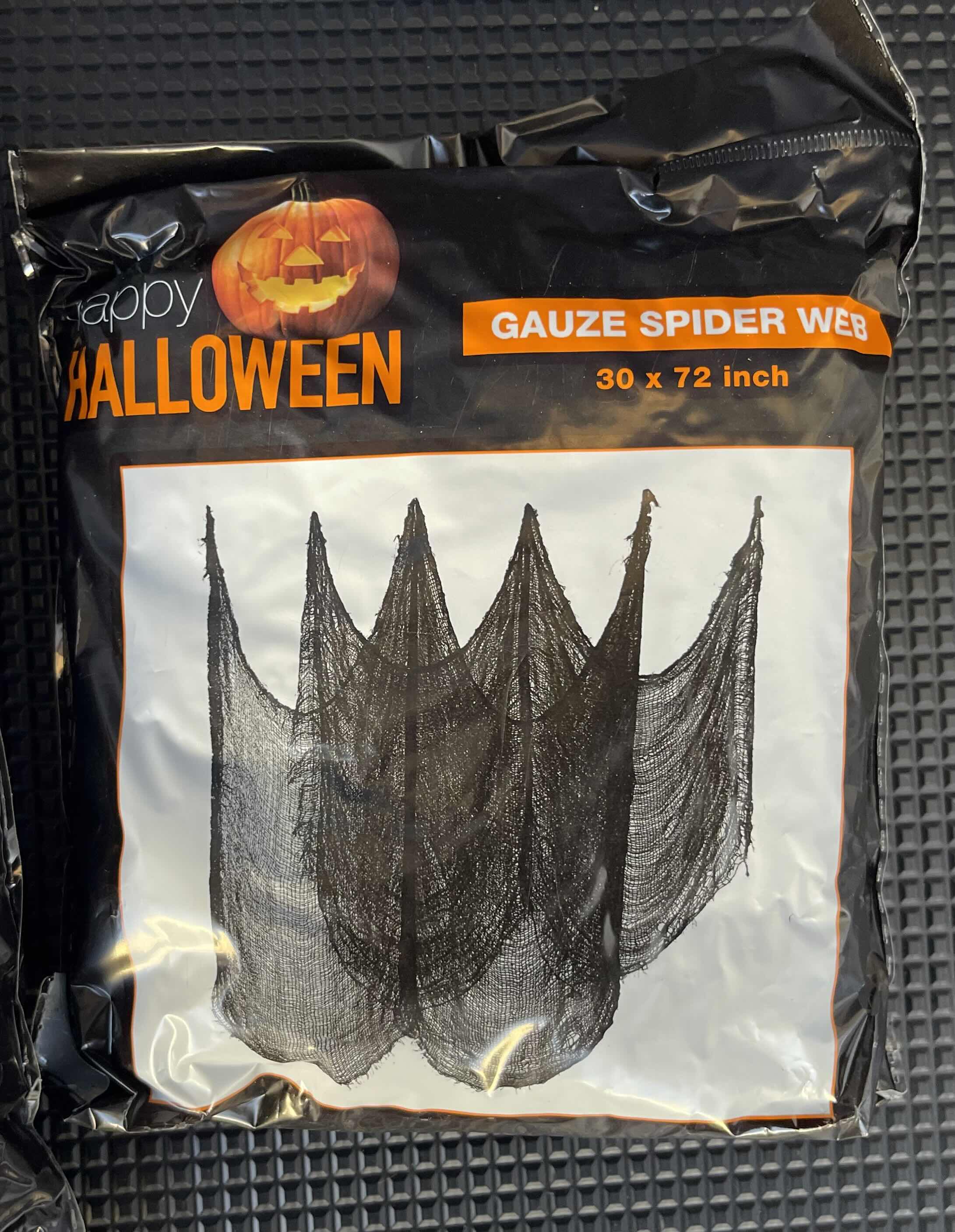 Photo 1 of BOX OF HAPPY HALLOWEEN SPIDER WEBS - SPIDER WEB BAGS (34), SPIDER WEB YIKES IN THE YARD (9) & GAUZE SPIDER WEB BAGS (3)