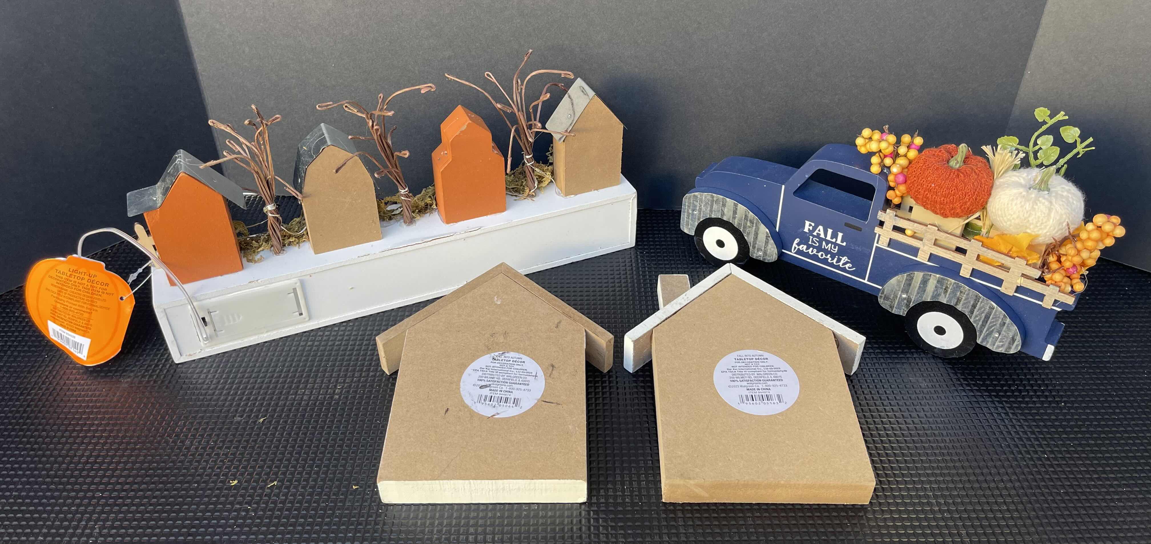 Photo 1 of FALL HARVEST WOOD HOME DECOR LARGE ASSORTED LOT - BLUE TRUCK (10), HARVEST HOUSES WITH LIGHTS (6), TABLE TOP HOUSES (4) - SEE NOTES