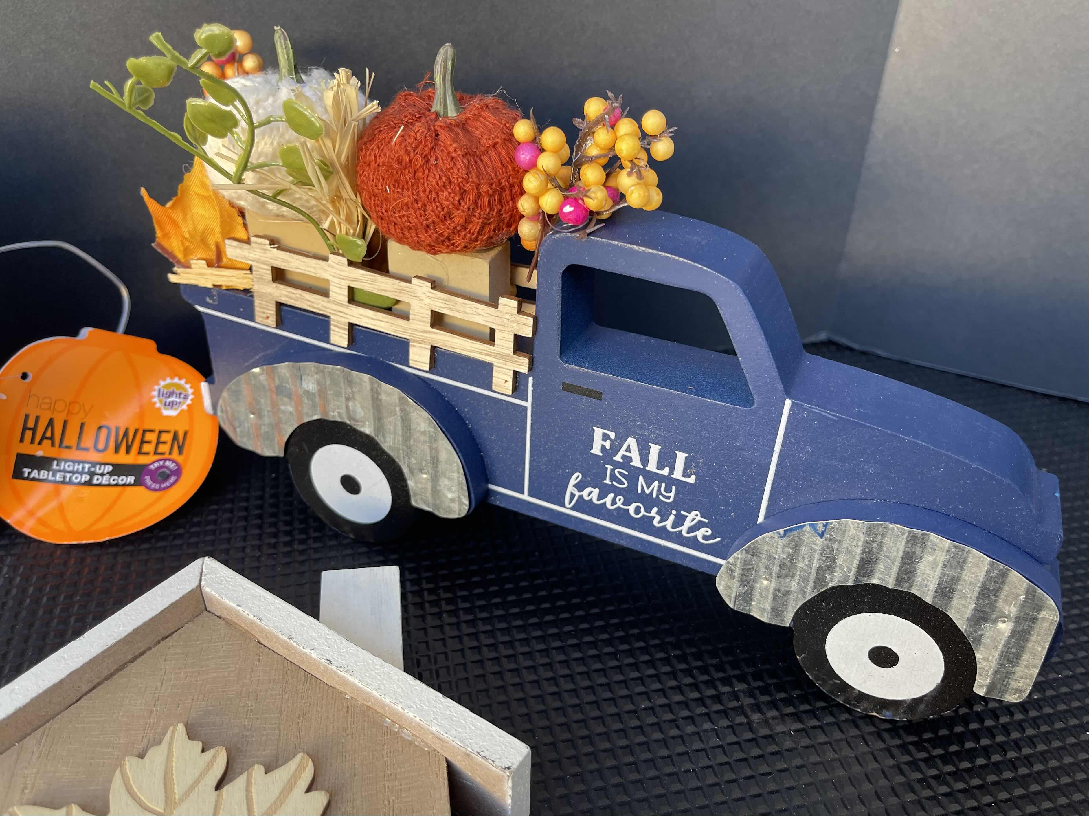 Photo 1 of FALL HARVEST WOOD HOME DECOR LARGE ASSORTED LOT - BLUE TRUCK (10), HARVEST HOUSES WITH LIGHTS (6), TABLE TOP HOUSES (4) - SEE NOTES