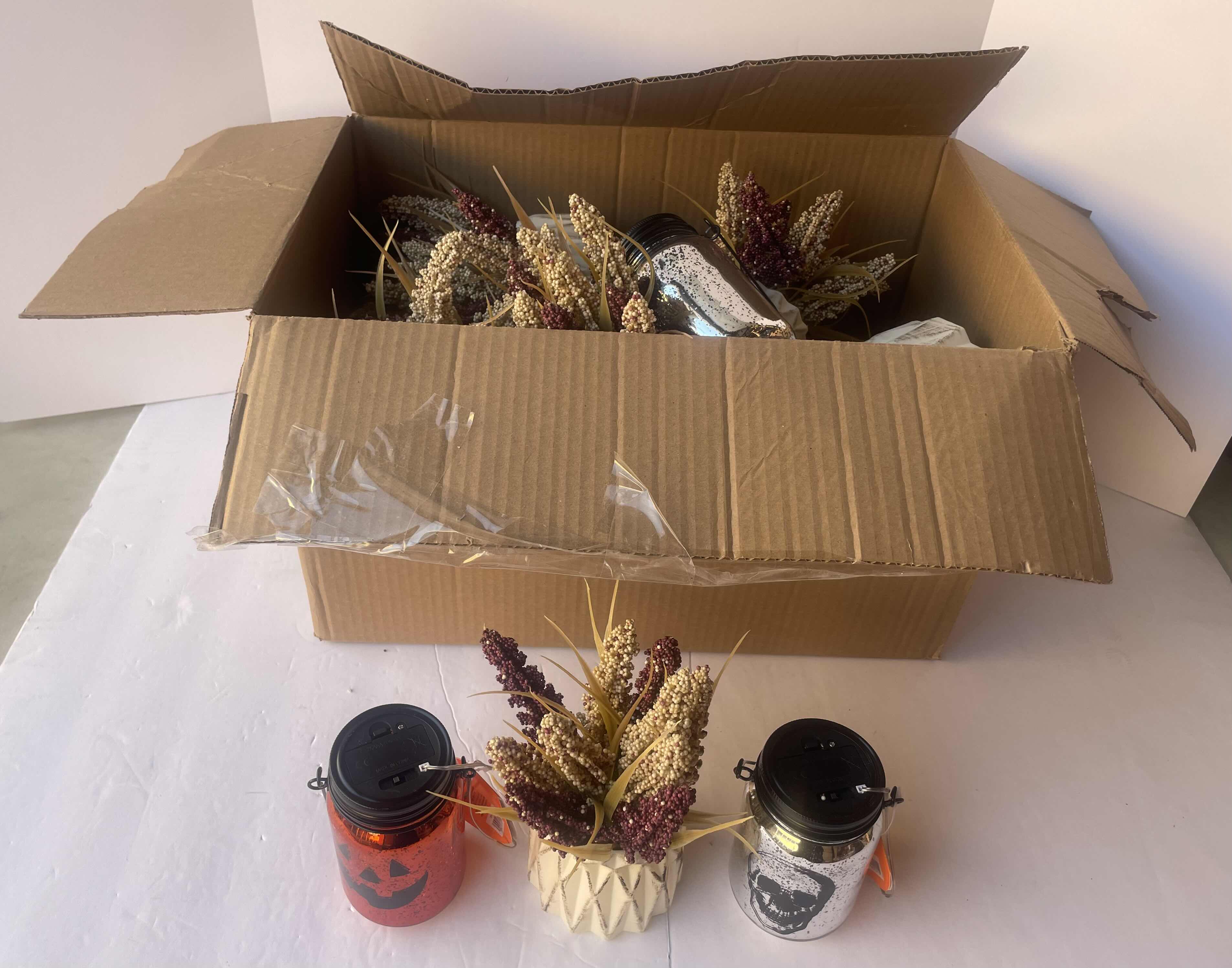 Photo 1 of NEW HAPPY HALLOWEEN HOME DECOR LARGE LOT - PUMPKIN LIGHT UP GLASS LANTERN (6), SKELETON LIGHT UP GLASS LANTERN (10) & FOAM POT PLASTIC FLOWER FALL DECOR (7) - TOTAL 23 PIECES
