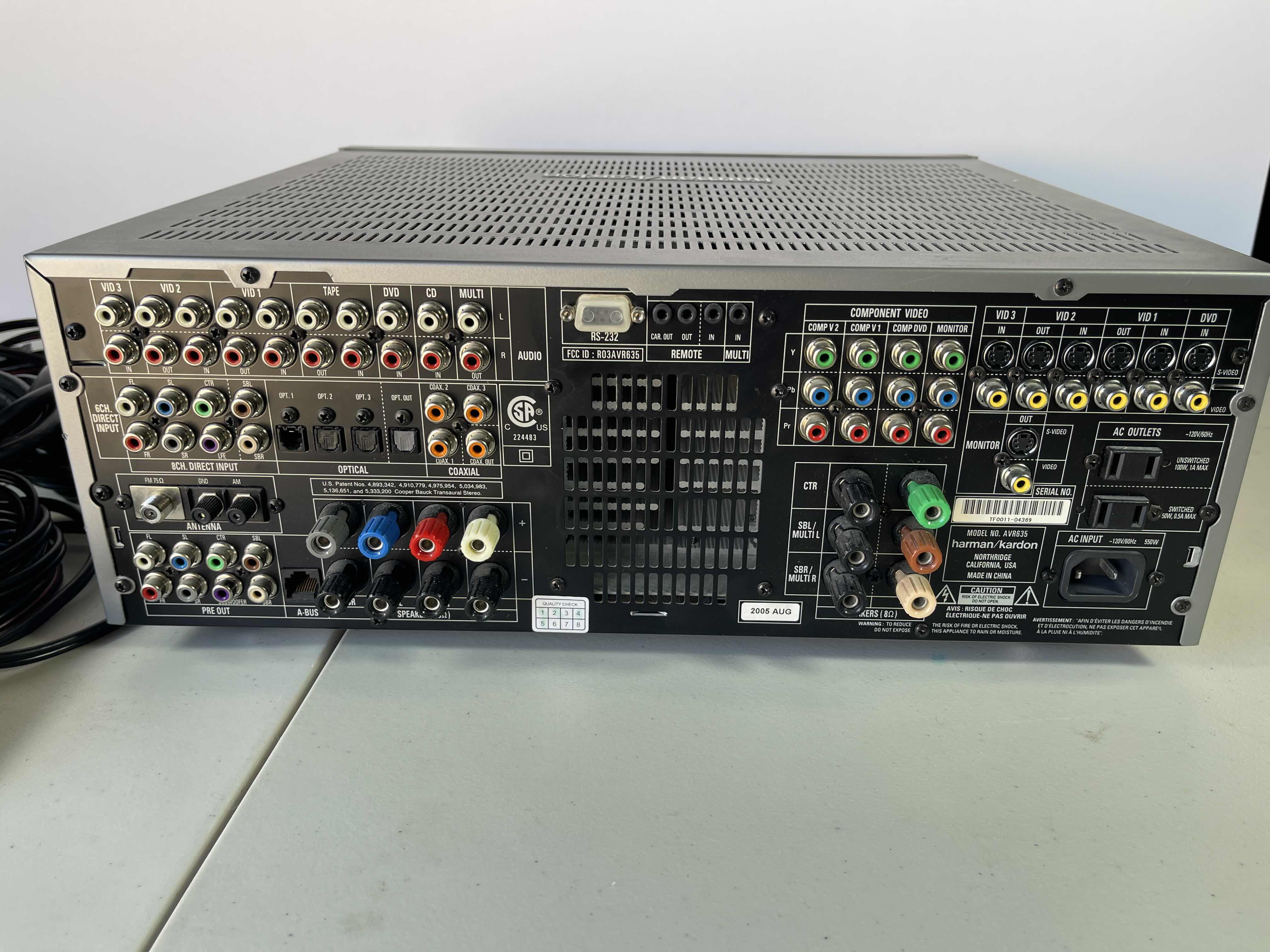 Photo 1 of HARMAN/KARDON MODEL AVR635 7.1 CHANNEL 75 WATT RECEIVER TUNER WITH WIRES AND CONTROLLER