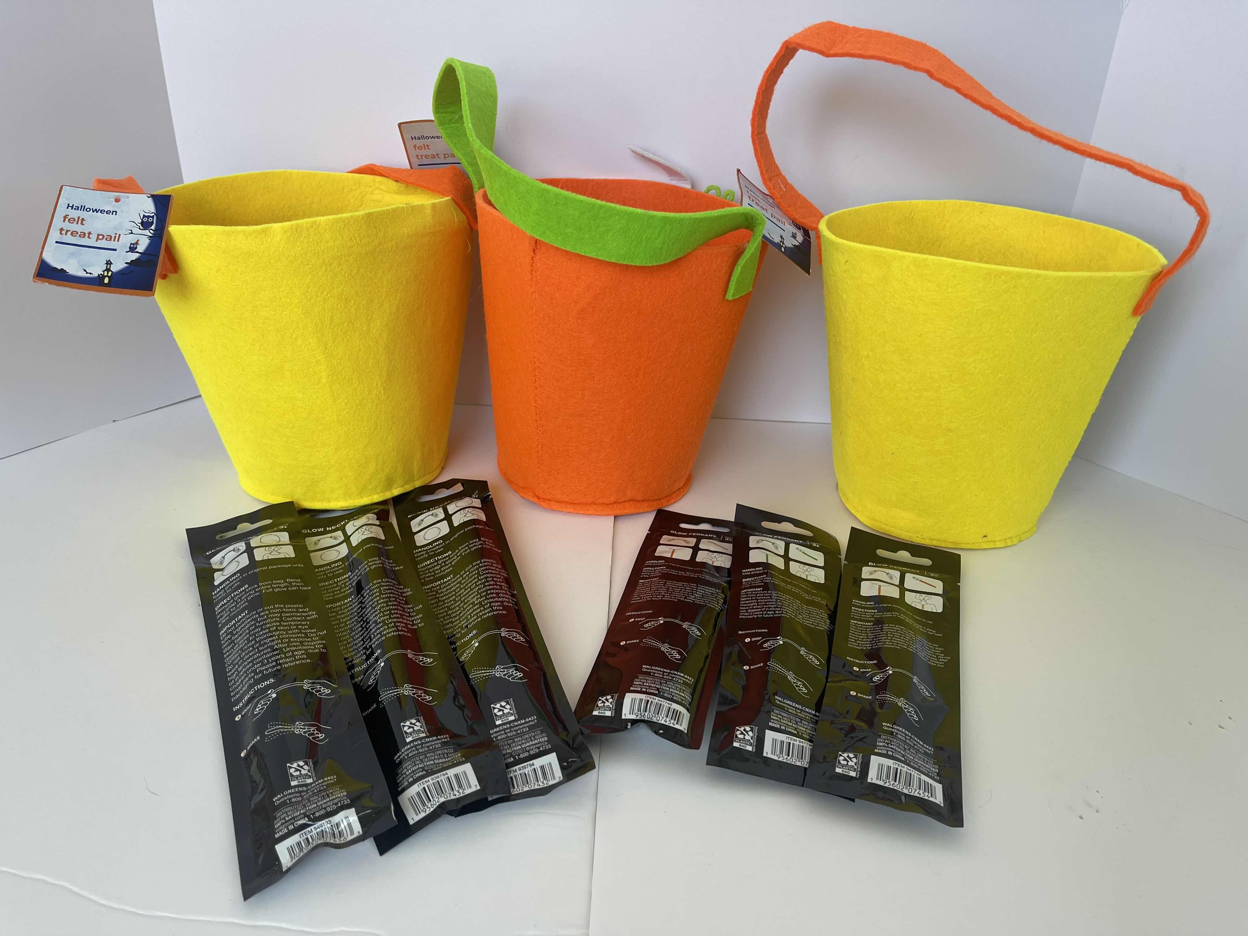 Photo 1 of NEW FELT HALLOWEEN BASKETS 7”, GLOW STICKS & GLOW NECKLACES (3 EACH)