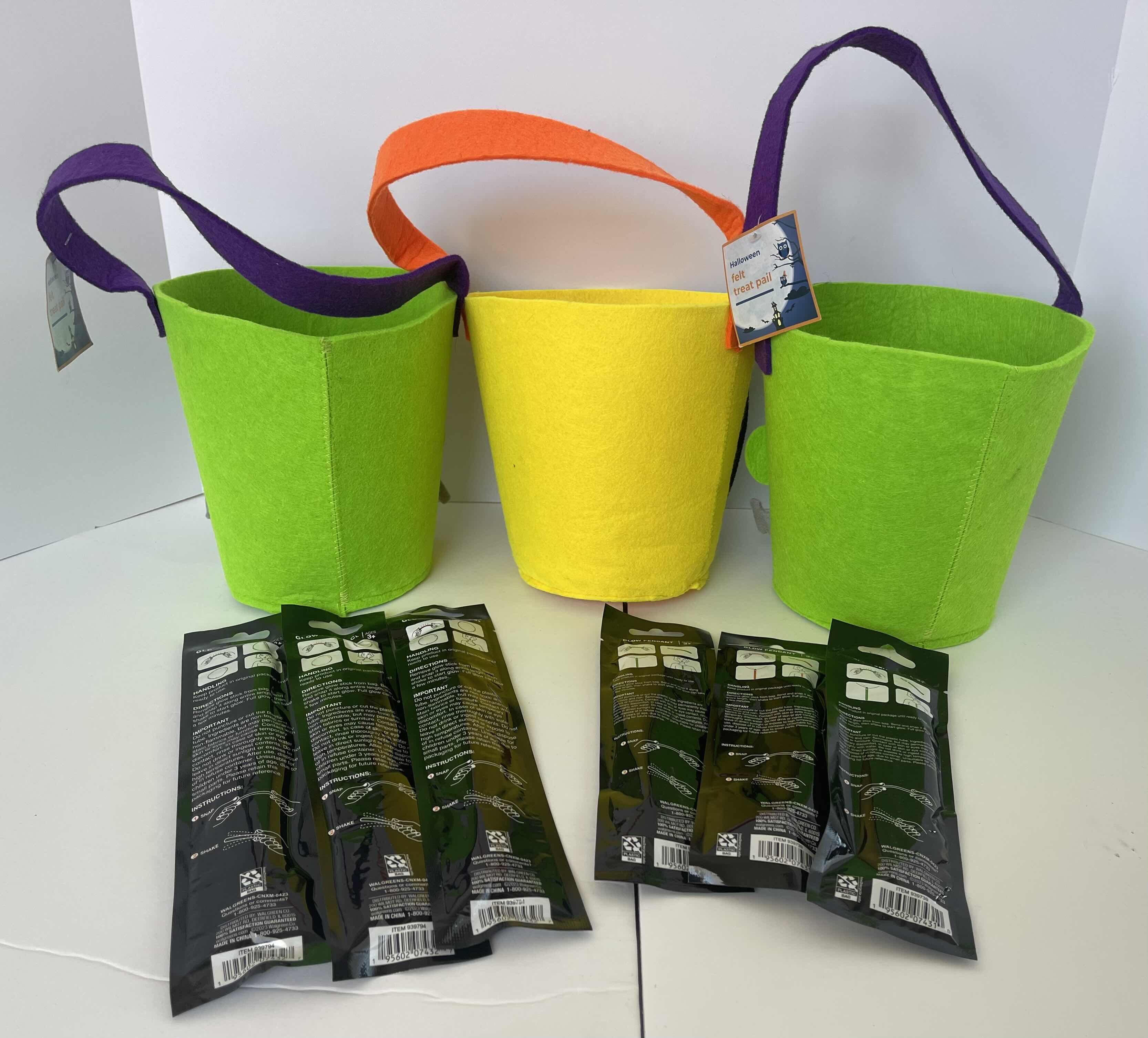 Photo 1 of NEW FELT HALLOWEEN BASKETS 7”, GLOW STICKS & GLOW NECKLACES (3 EACH)