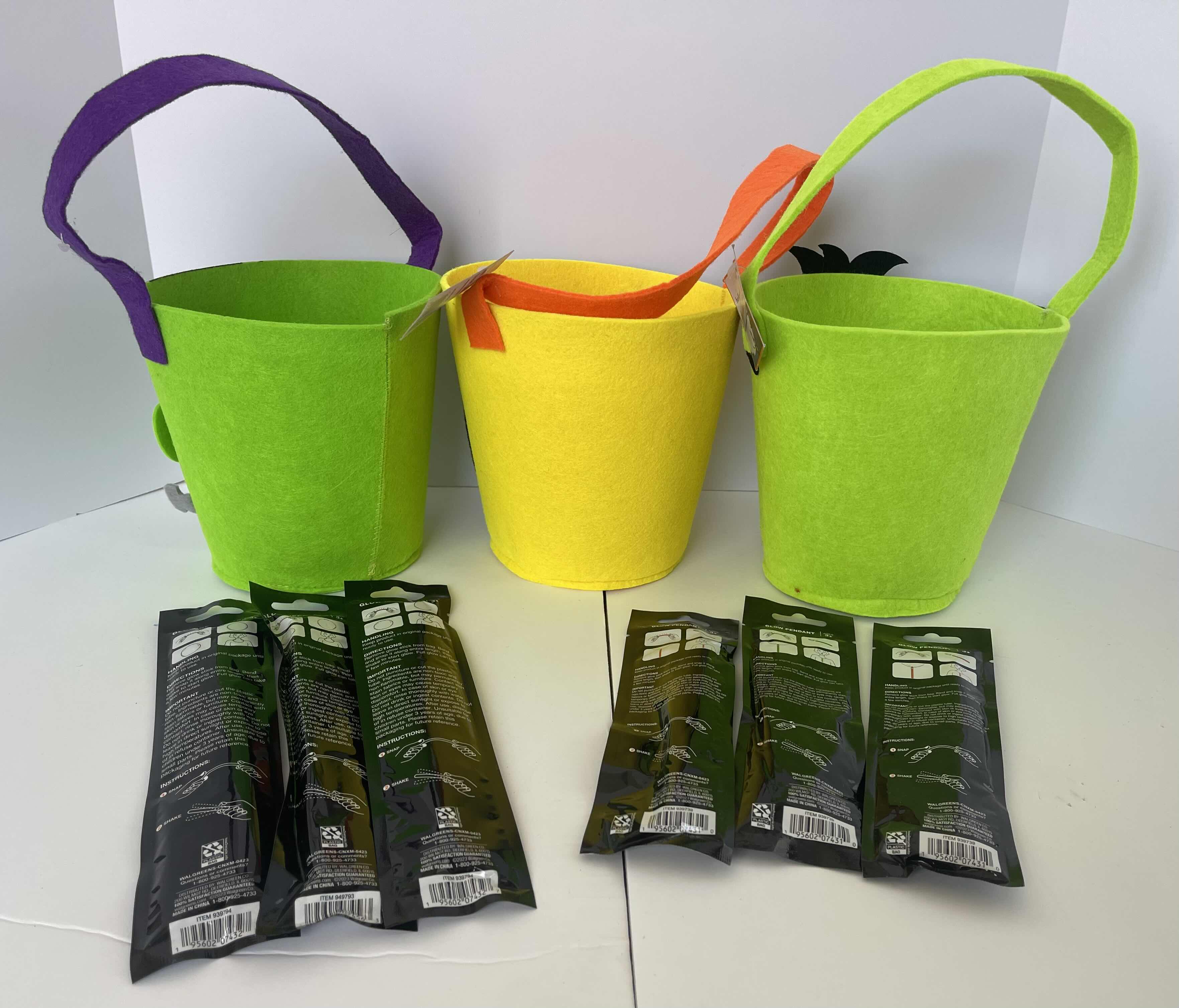 Photo 1 of NEW FELT HALLOWEEN BASKETS 7”, GLOW STICKS & GLOW NECKLACES (3 EACH)