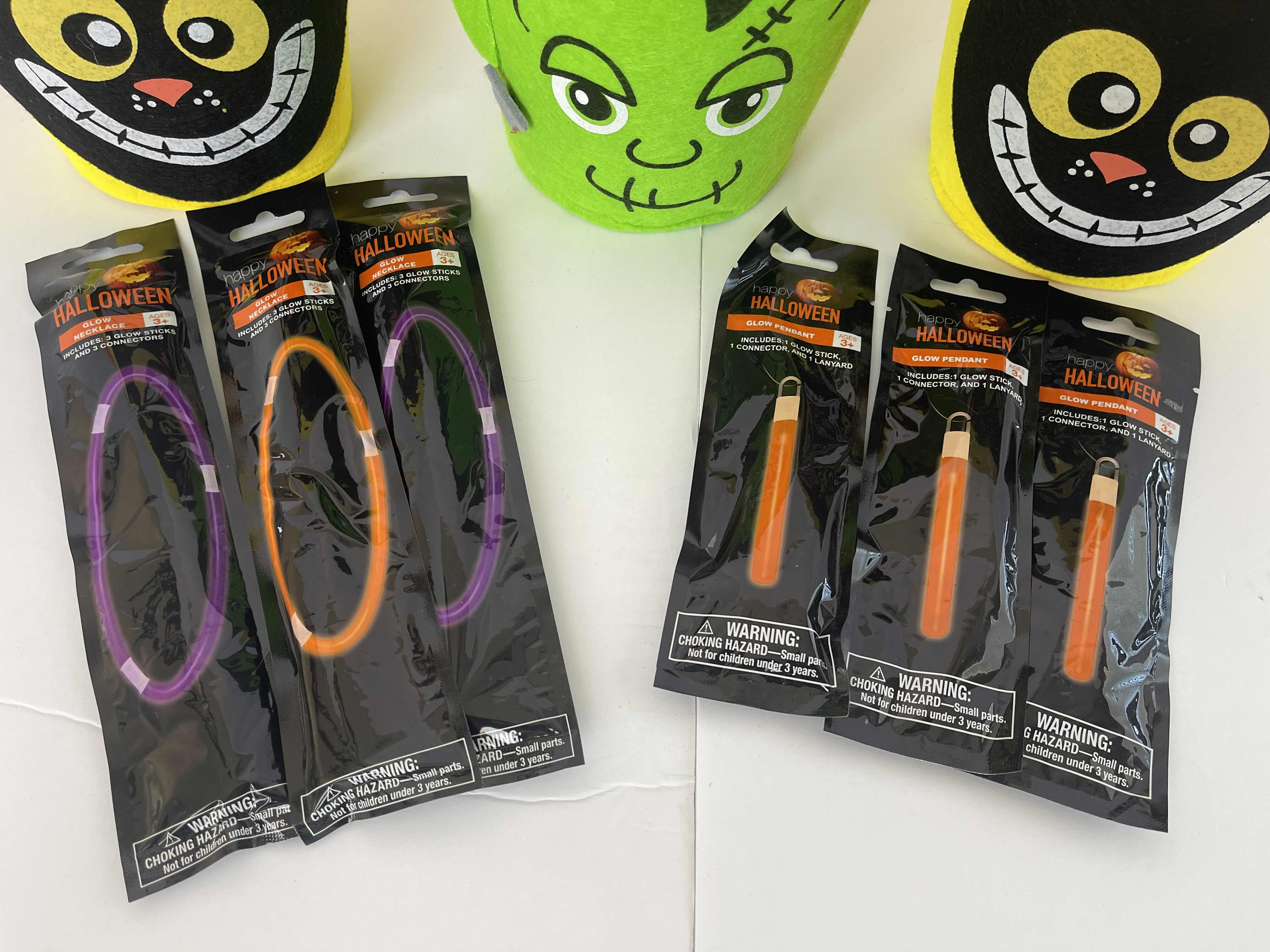 Photo 1 of NEW FELT HALLOWEEN BASKETS 7”, GLOW STICKS & GLOW NECKLACES (3 EACH)