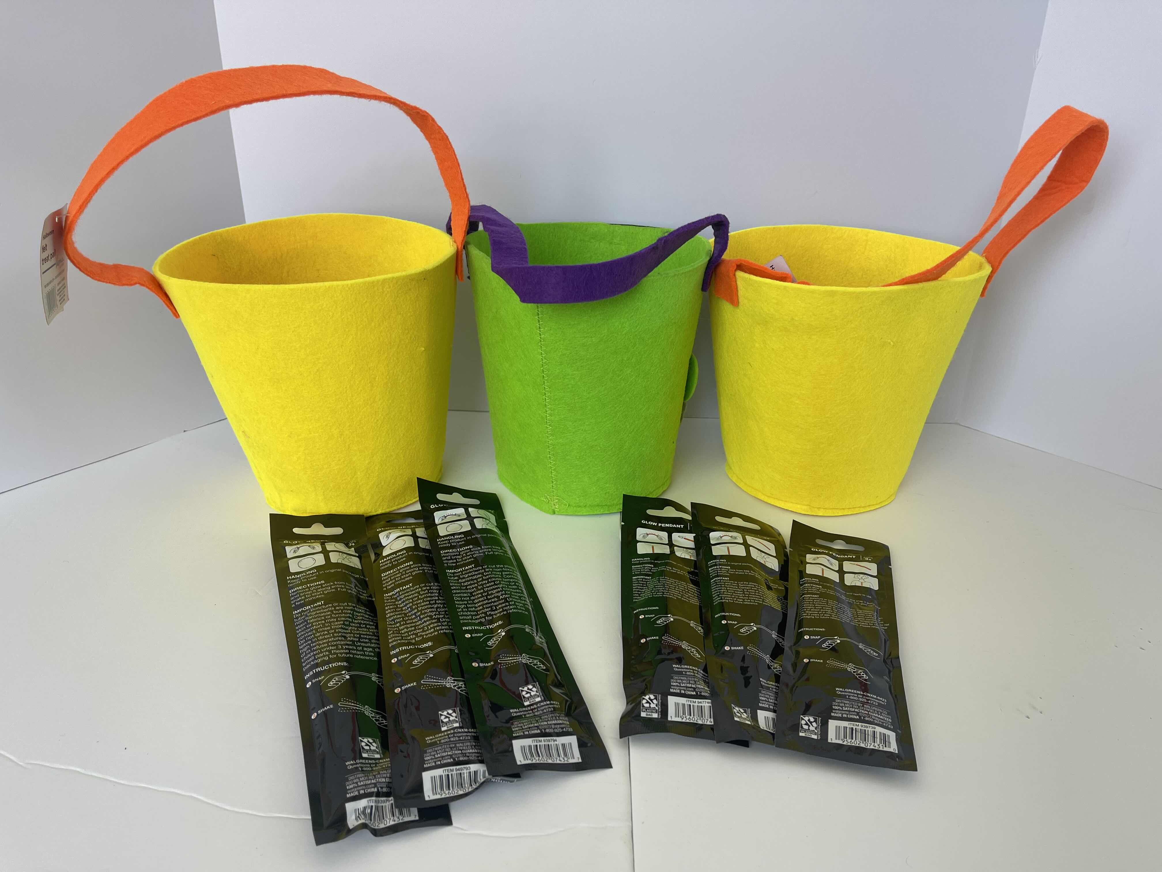 Photo 1 of NEW FELT HALLOWEEN BASKETS 7”, GLOW STICKS & GLOW NECKLACES (3 EACH)