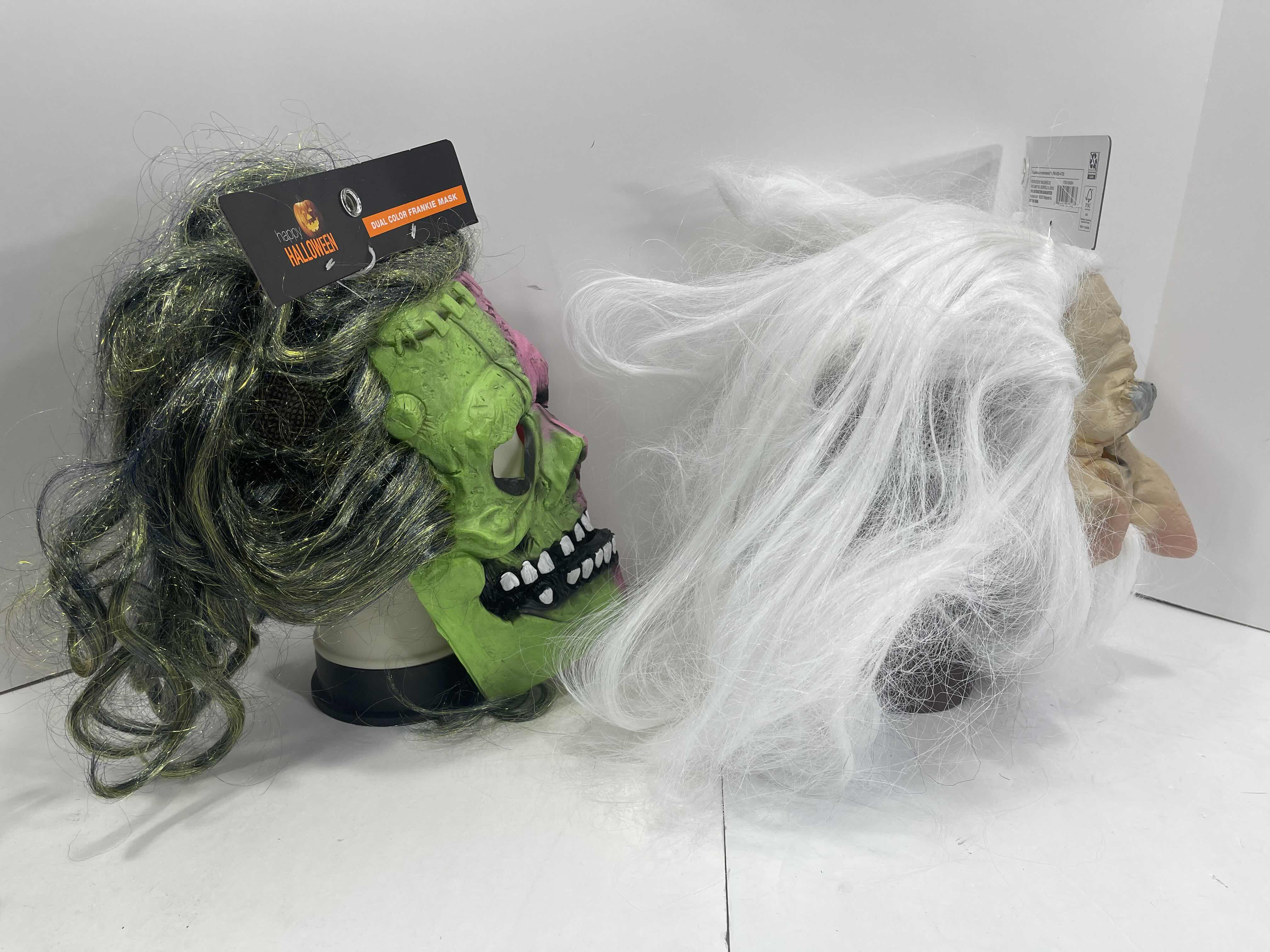 Photo 1 of NEW HAPPY HALLOWEEN COSTUME RUBBER FACE MASKS (2) DUAL COLOR FRANKIE & WIZARD