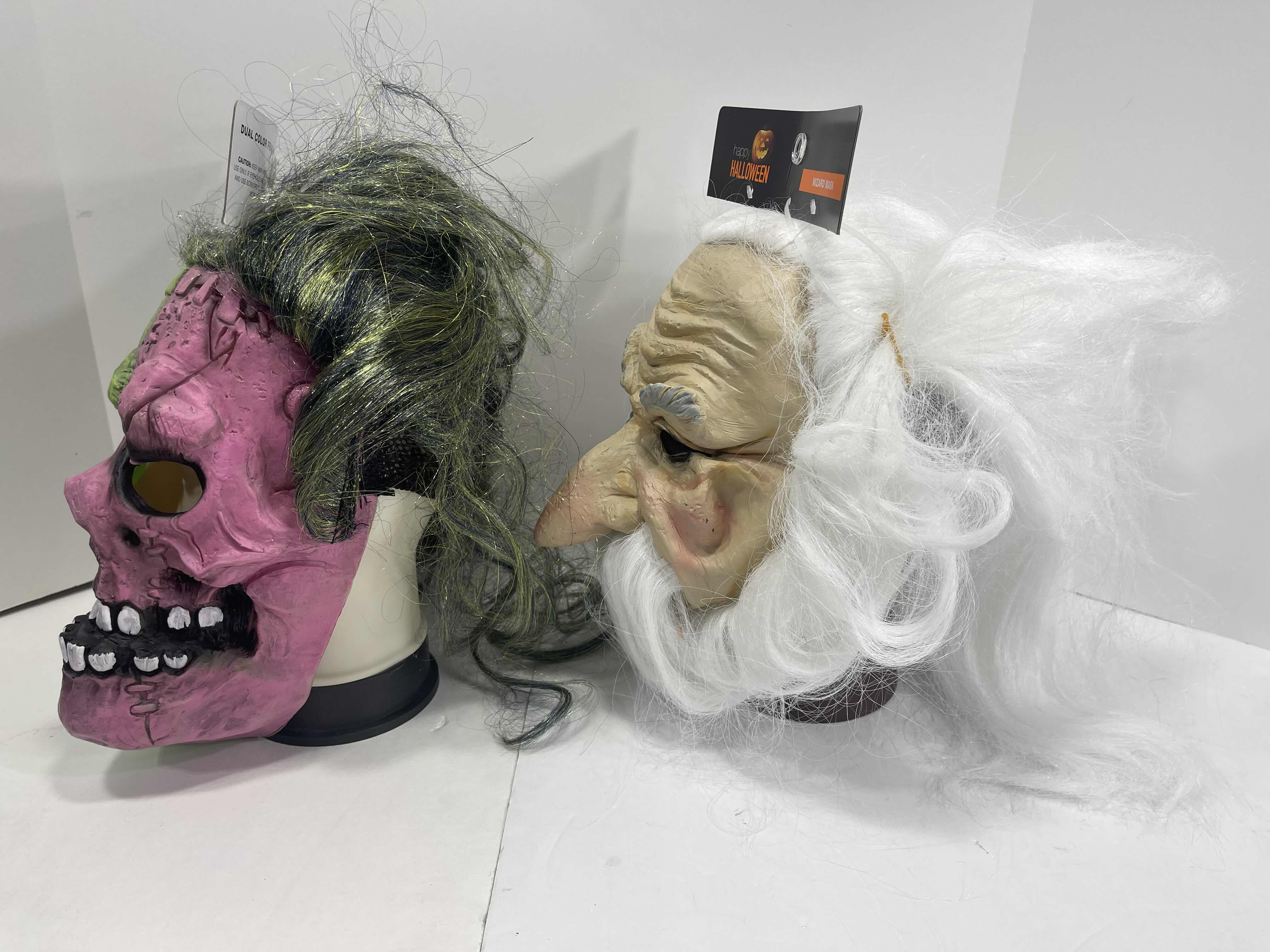 Photo 1 of NEW HAPPY HALLOWEEN COSTUME RUBBER FACE MASKS (2) DUAL COLOR FRANKIE & WIZARD