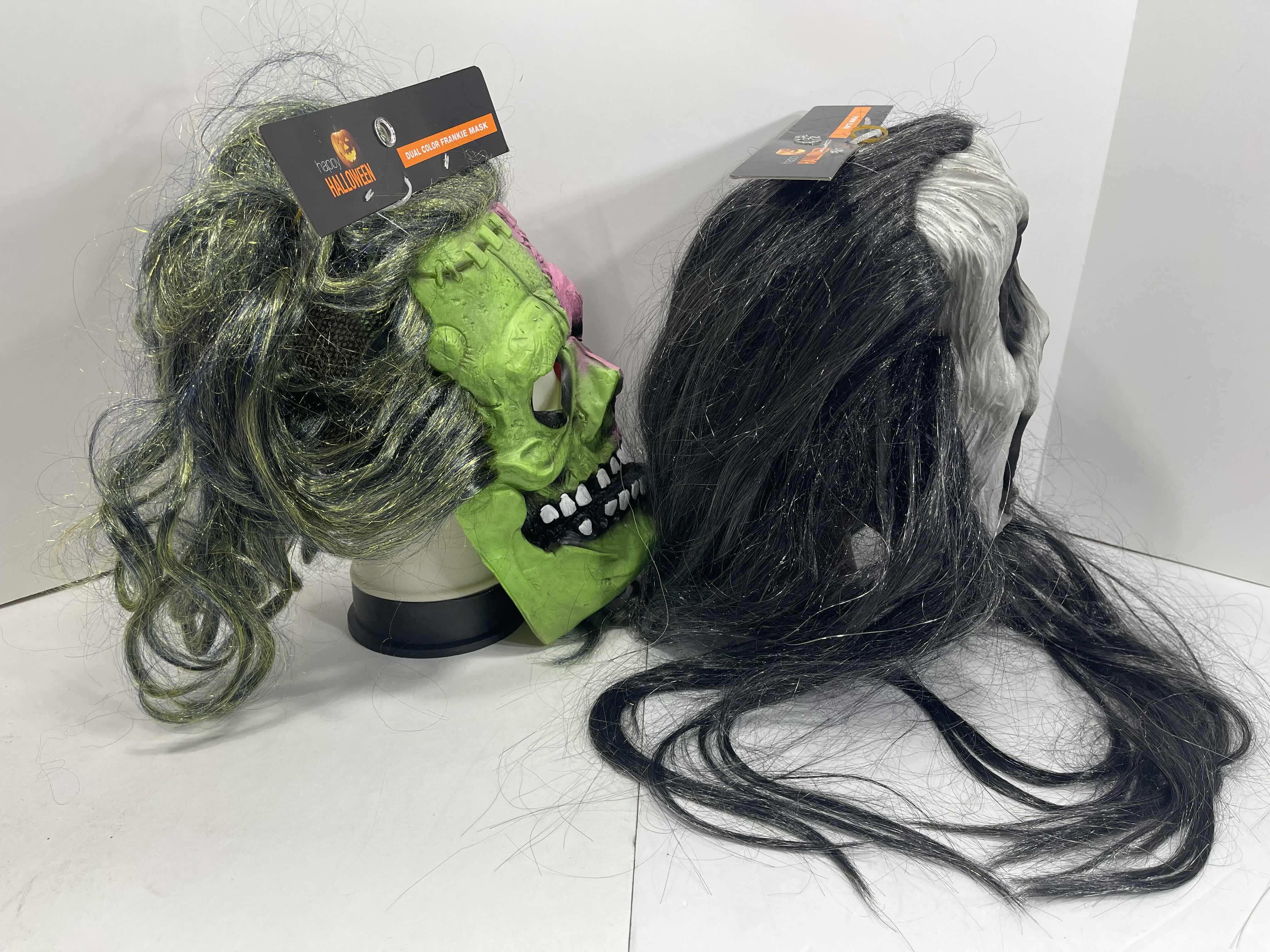 Photo 1 of NEW HAPPY HALLOWEEN COSTUME RUBBER FACE MASKS (2) DUAL COLOR FRANKIE & WIZARD