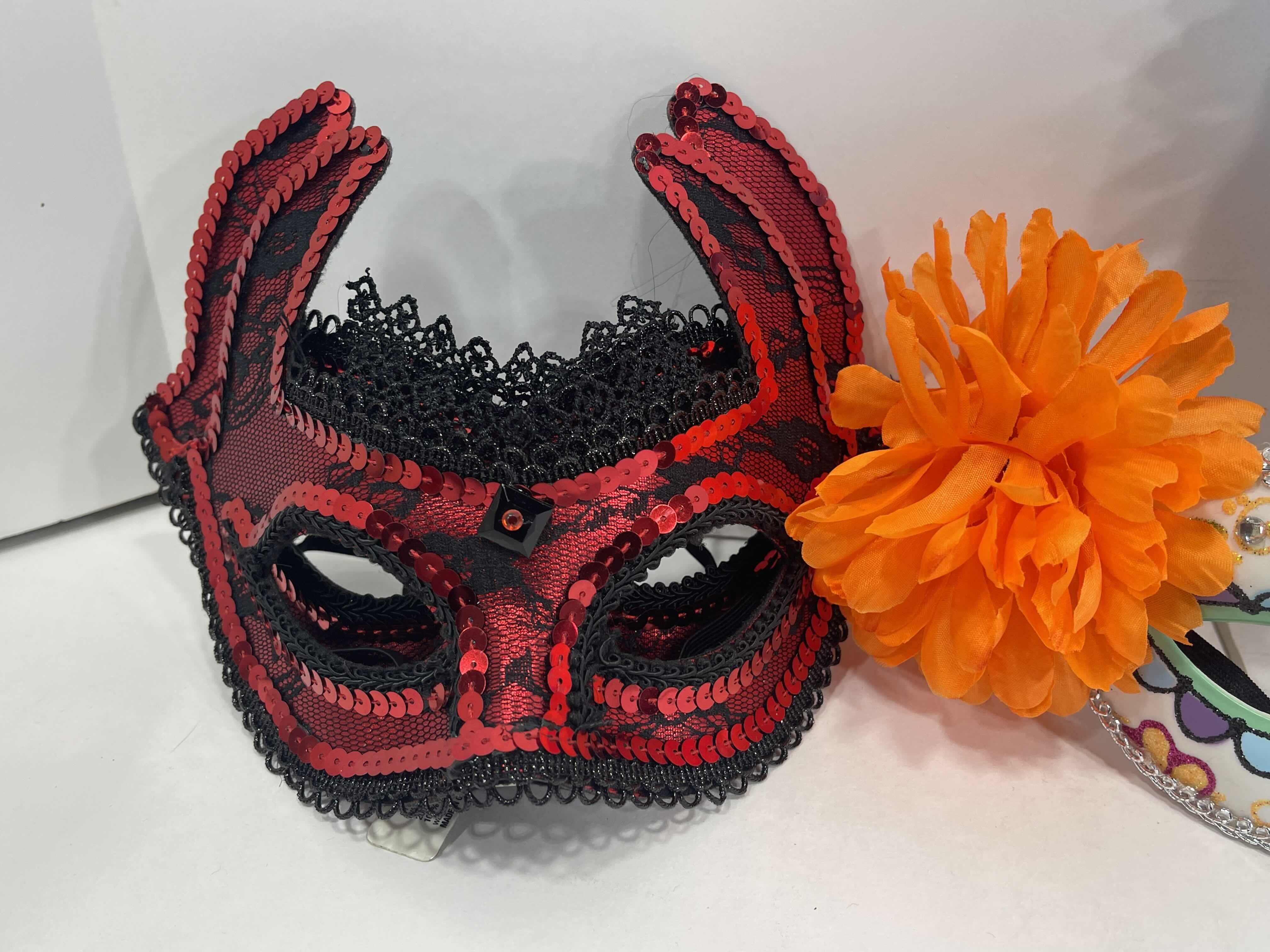 Photo 1 of NEW SEQUINS HALLOWEEN FACE MASKS (4) - RED DEVIL (2) & BLACK CAT (1) WITH FLOWER FACE MASK (1)