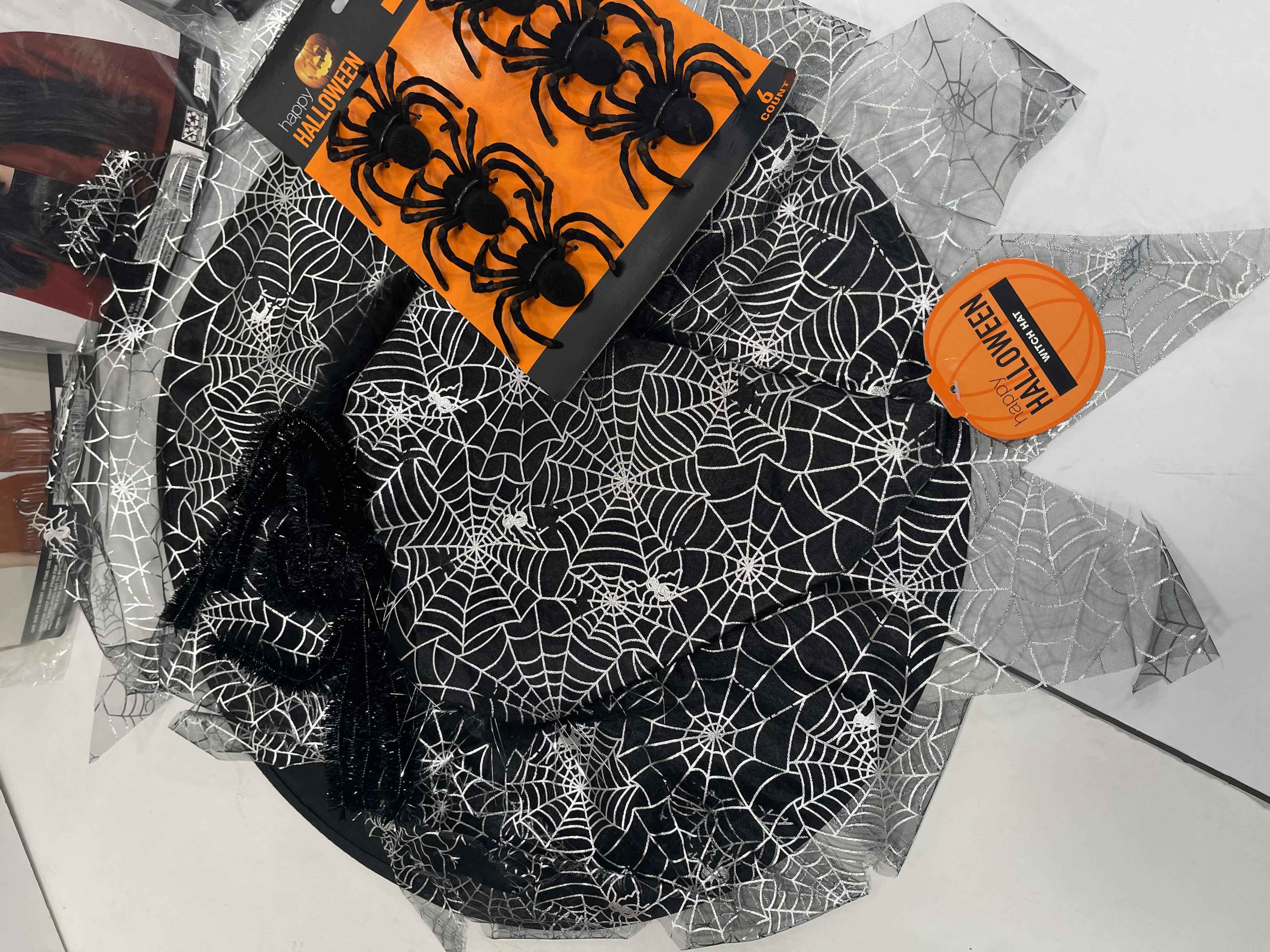 Photo 1 of ONE SIZE FITS ALL HALLOWEEN COSTUME LOT INCLUDES WITCH HAT AND FLOCKED SPIDERS