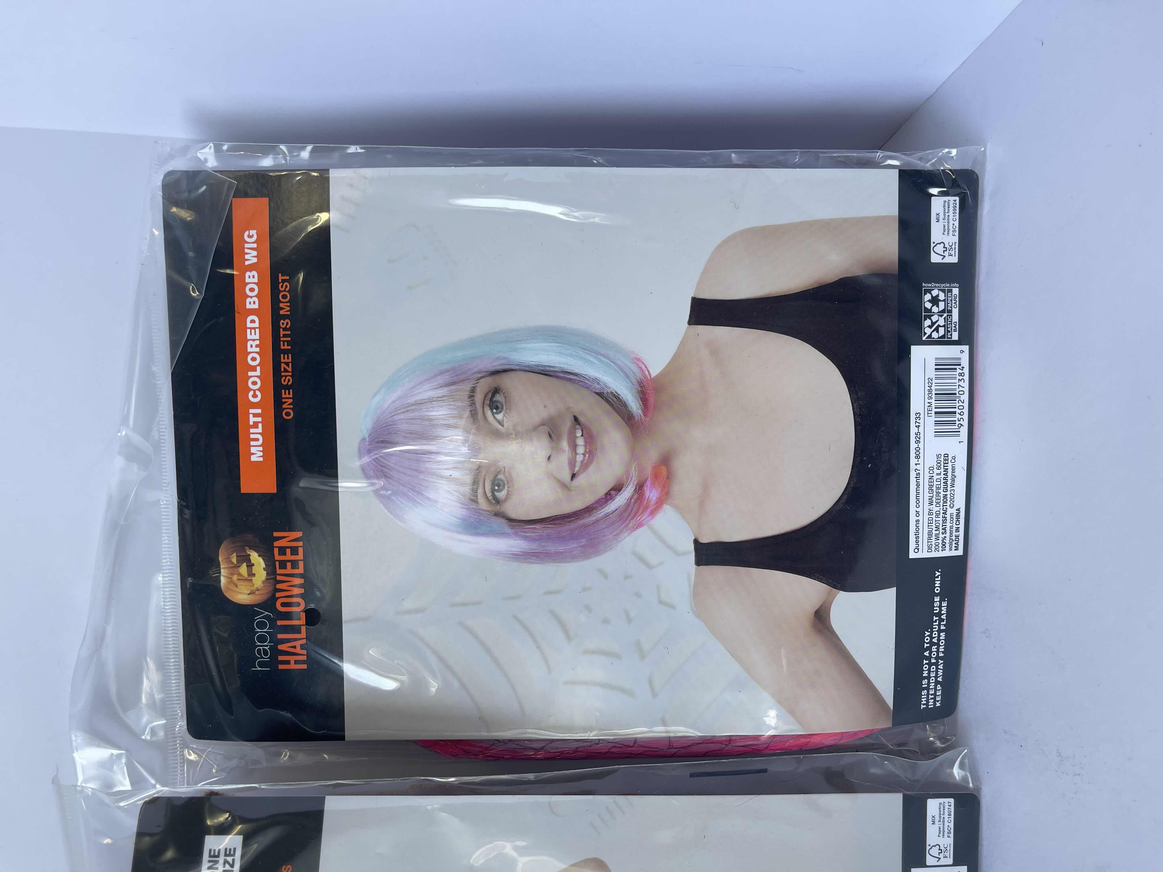 Photo 1 of HALLOWEEN ASSORTED COSTUMES - RAVEN WINGS, 60’S COSTUMES KIT & MULTI COLORED BOB WIG - ONE SIZE FITS MOST