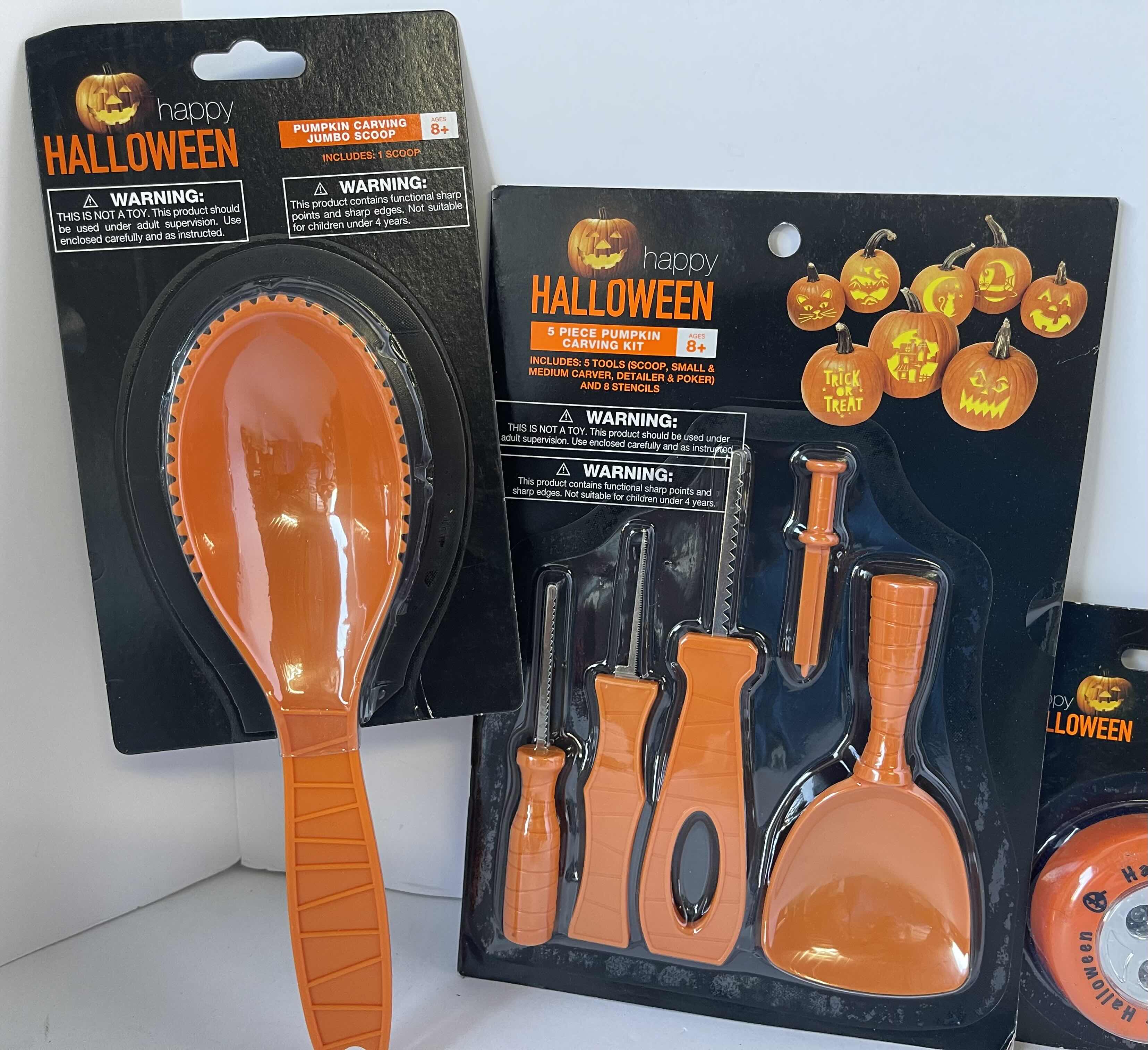 Photo 1 of PUMPKIN CARVING KITS (2), JUMBO CARVING SPOON & LED PUMPKIN LIGHT (2)