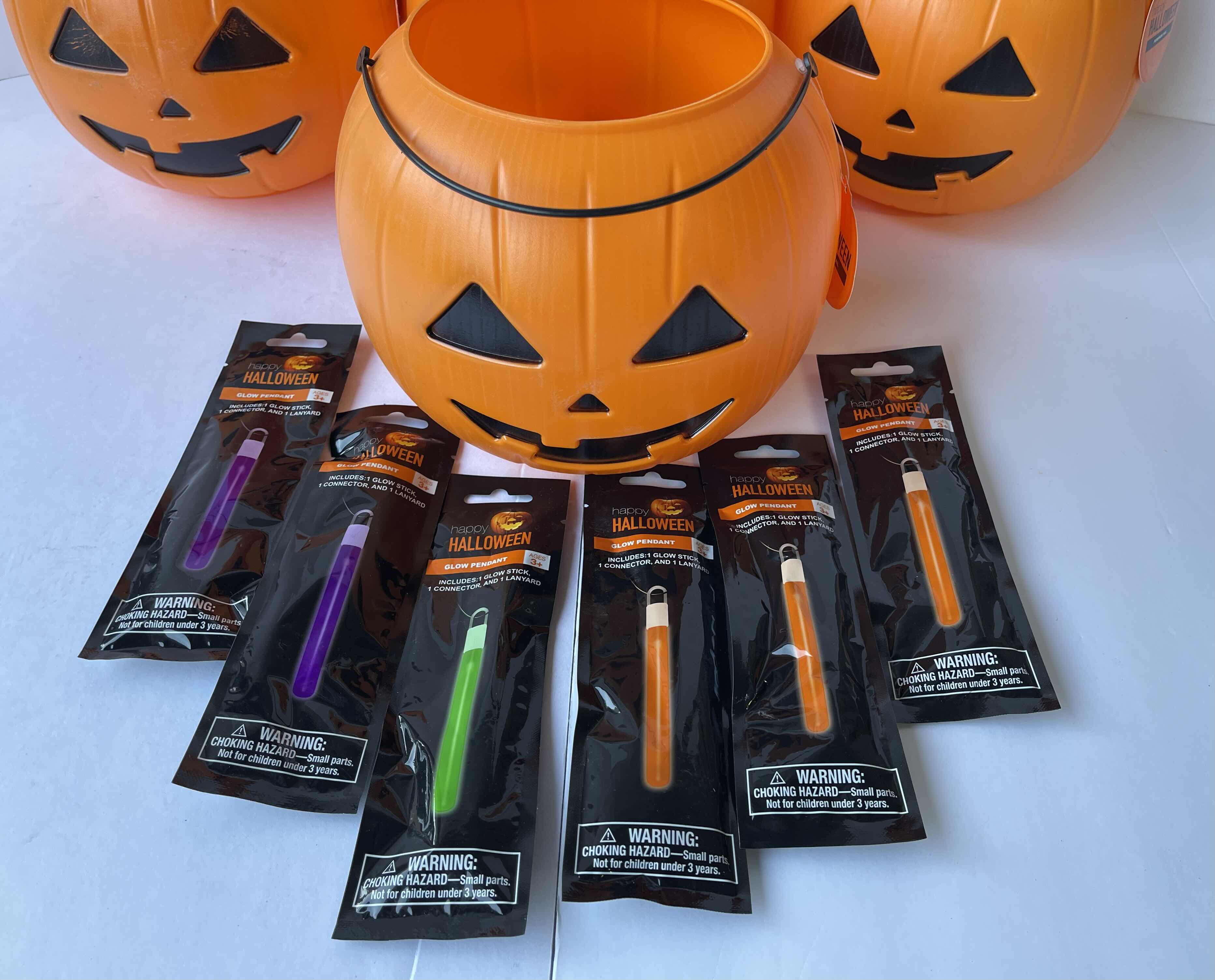 Photo 1 of PUMPKIN PAIL 7” TRICK OR TREAT (6) & GLOW PENDANTS (6)