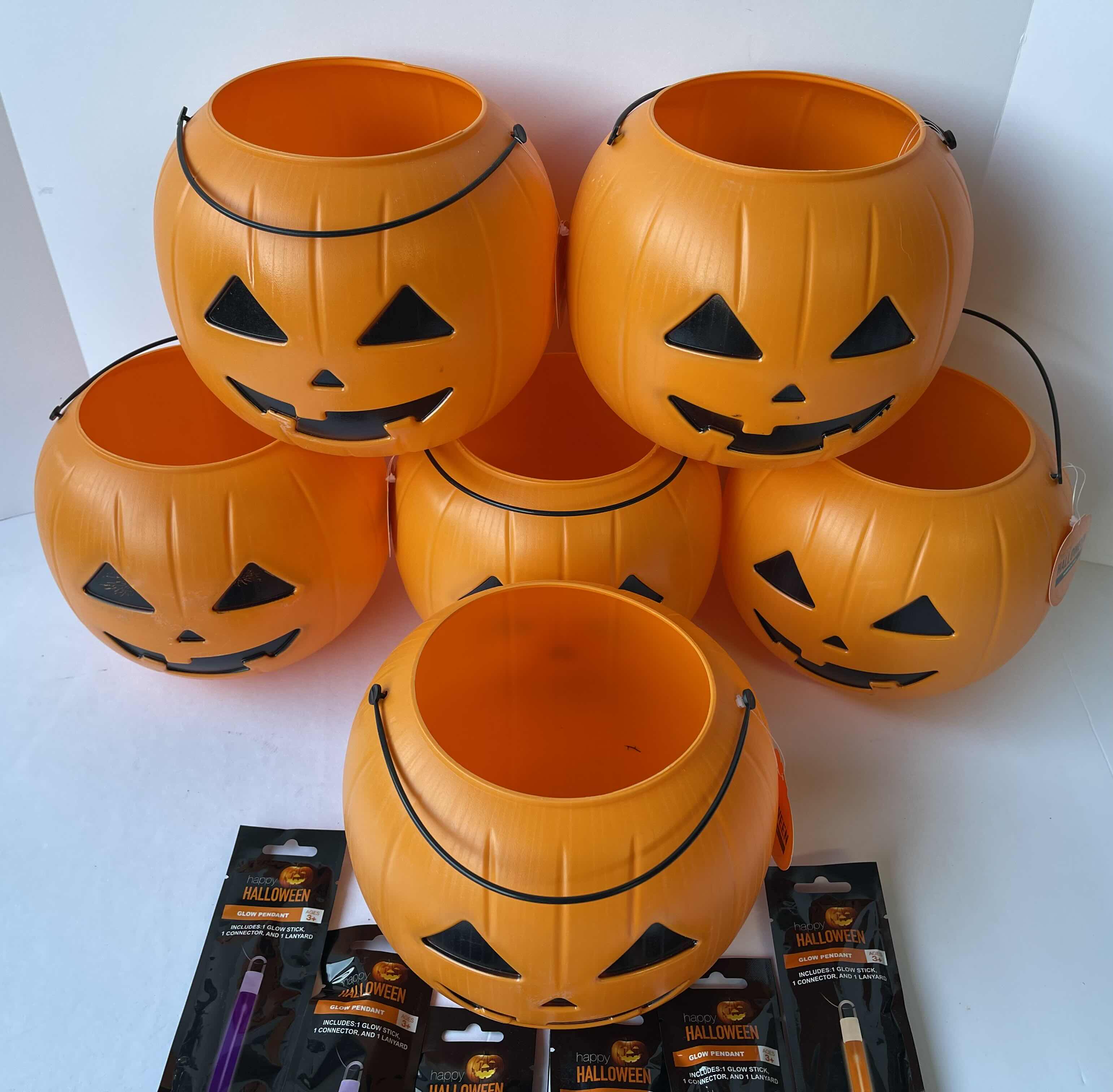 Photo 1 of PUMPKIN PAIL 7” TRICK OR TREAT (6) & GLOW PENDANTS (6)