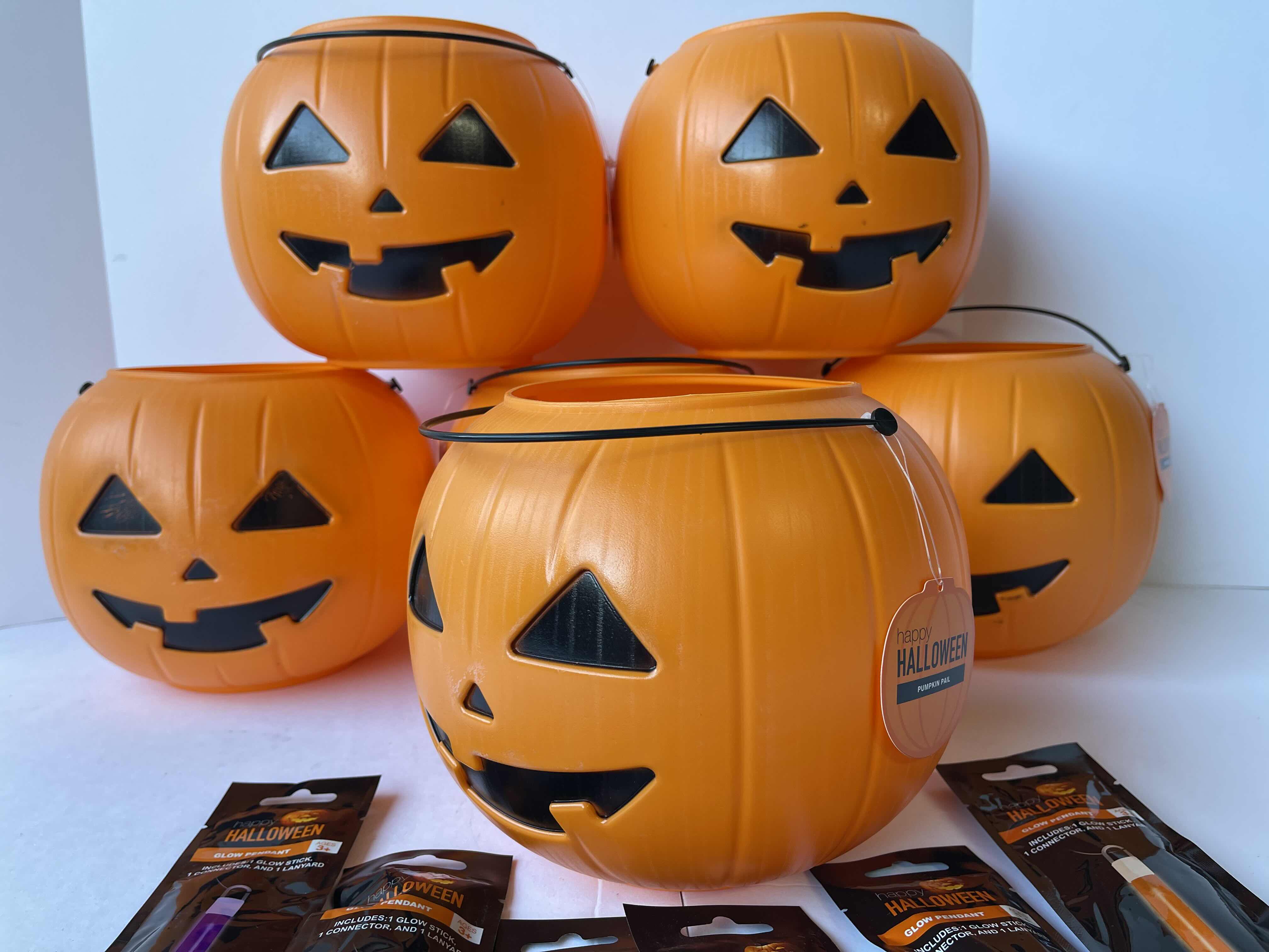 Photo 1 of PUMPKIN PAIL 7” TRICK OR TREAT (6) & GLOW PENDANTS (6)