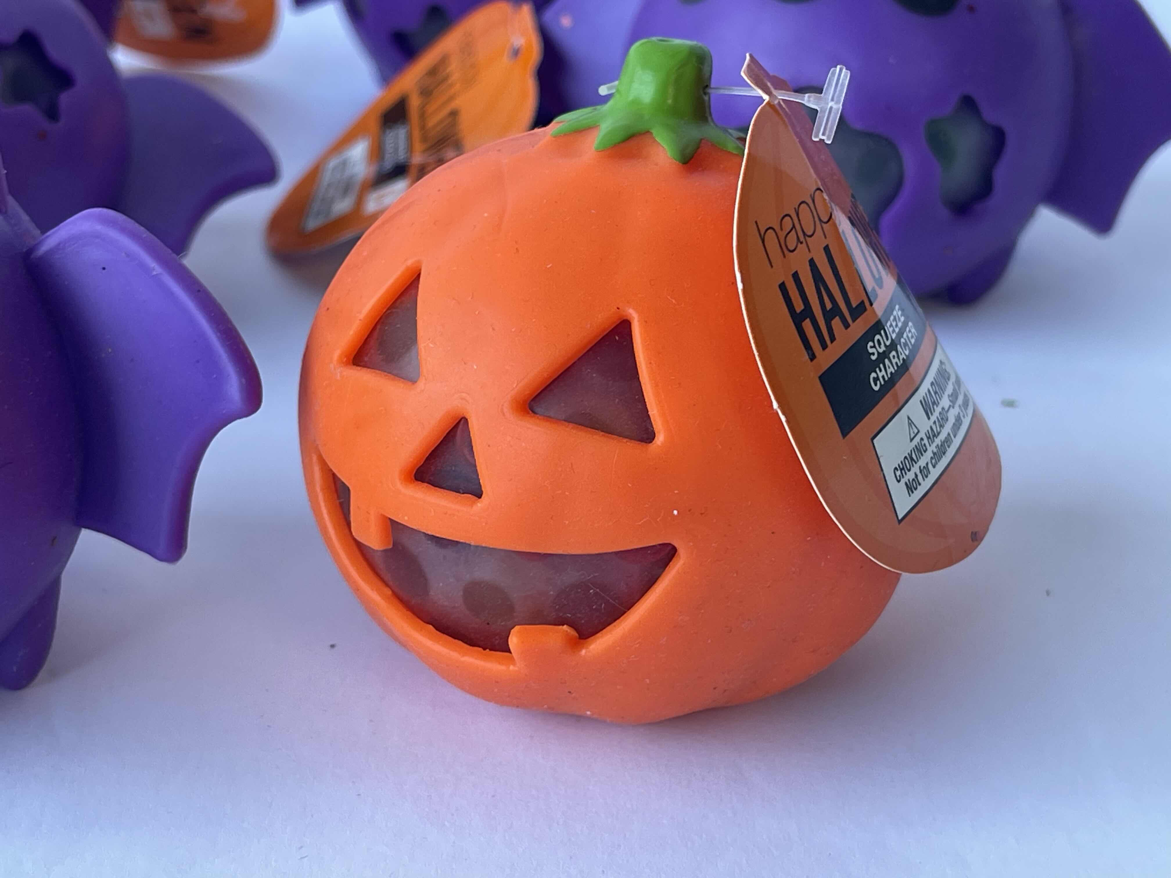 Photo 1 of HALLOWEEN RUBBER SQUEEZE CHARACTERS - BLACK SPIDER (3), PURPLE BAT (5) & PUMPKIN NWT