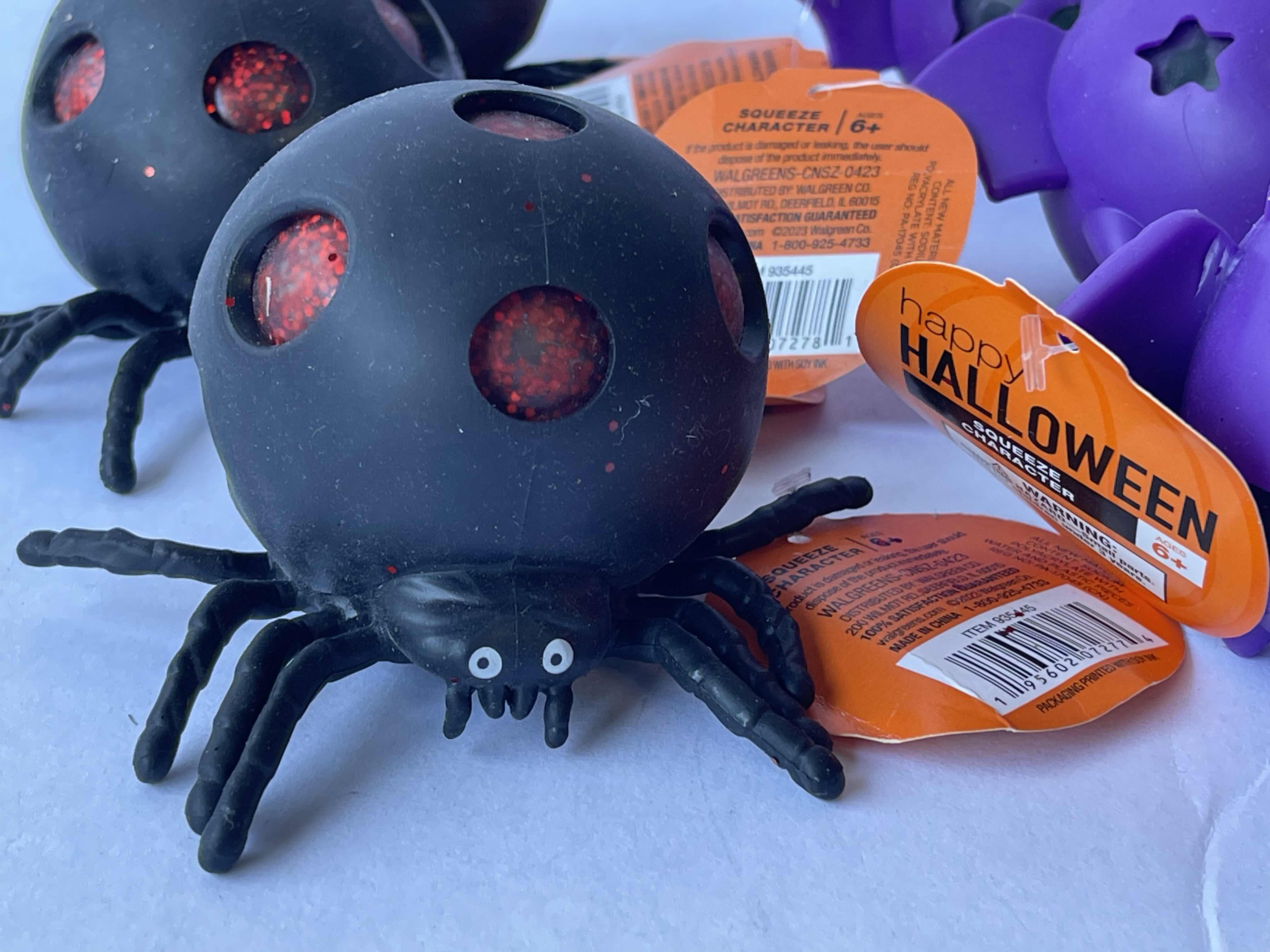 Photo 1 of HALLOWEEN RUBBER SQUEEZE CHARACTERS - BLACK SPIDER (3), PURPLE BAT (5) & PUMPKIN NWT
