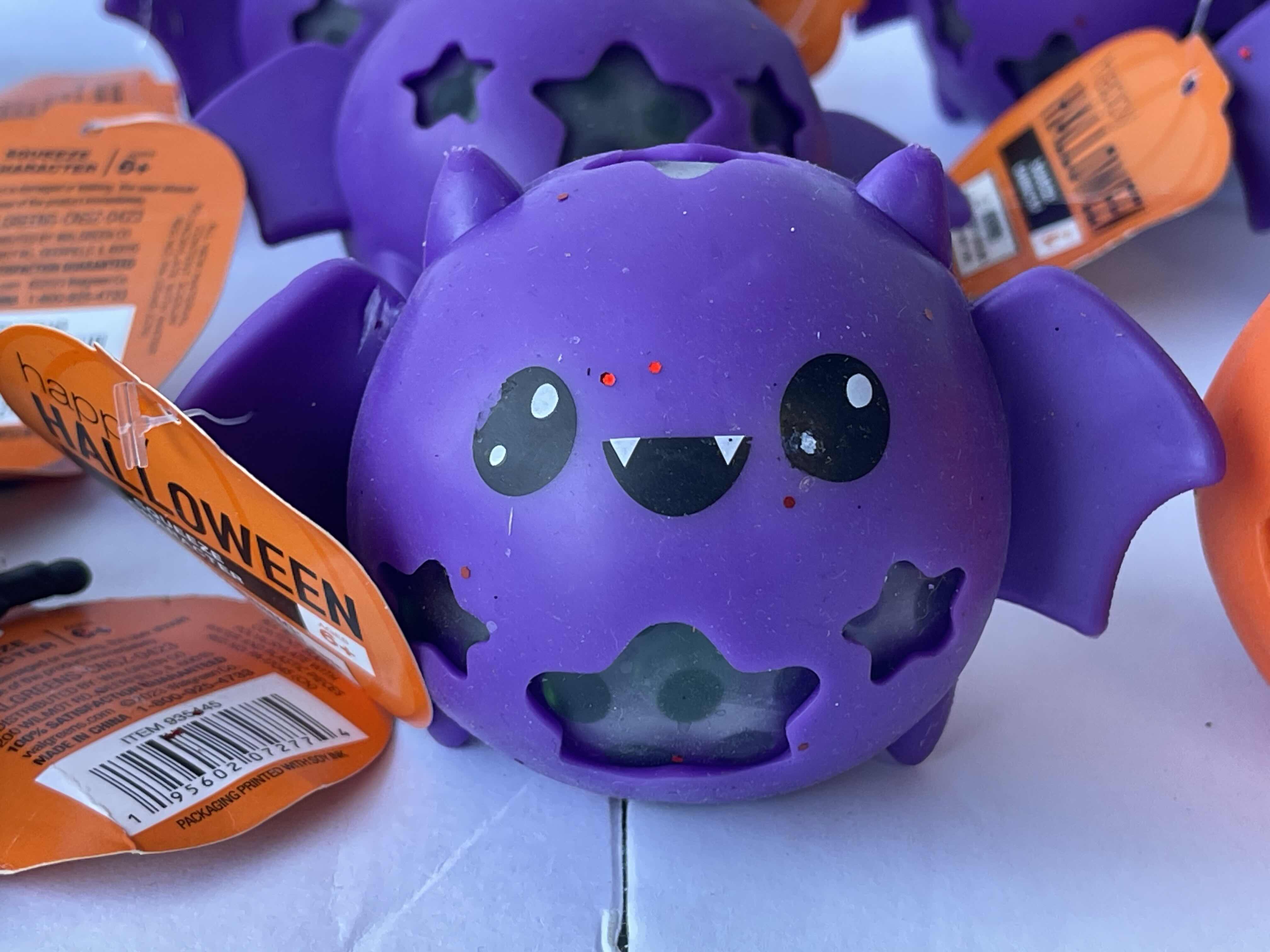 Photo 1 of HALLOWEEN RUBBER SQUEEZE CHARACTERS - BLACK SPIDER (3), PURPLE BAT (5) & PUMPKIN NWT