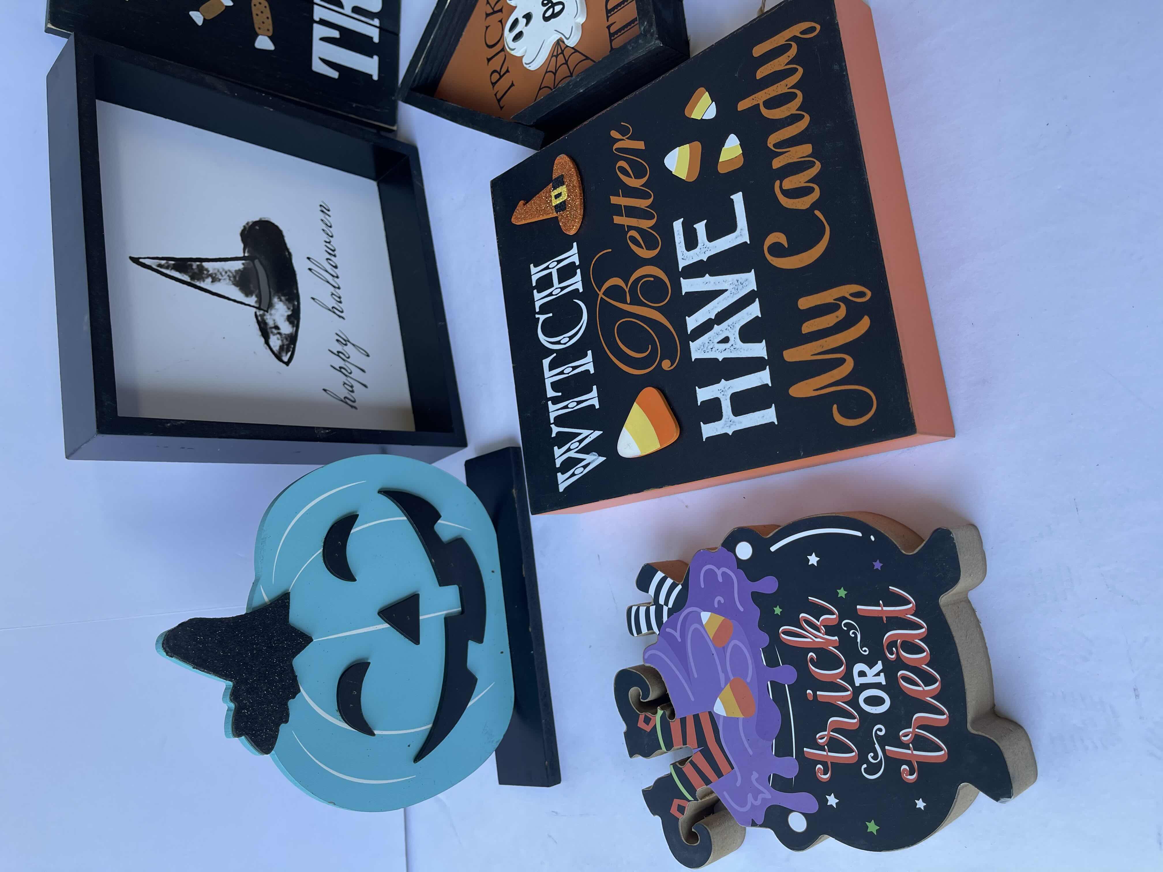 Photo 1 of HALLOWEEN TABLE TOP WOODEN DECOR ASSORTMENT (12 PIECES) TALLEST H8”